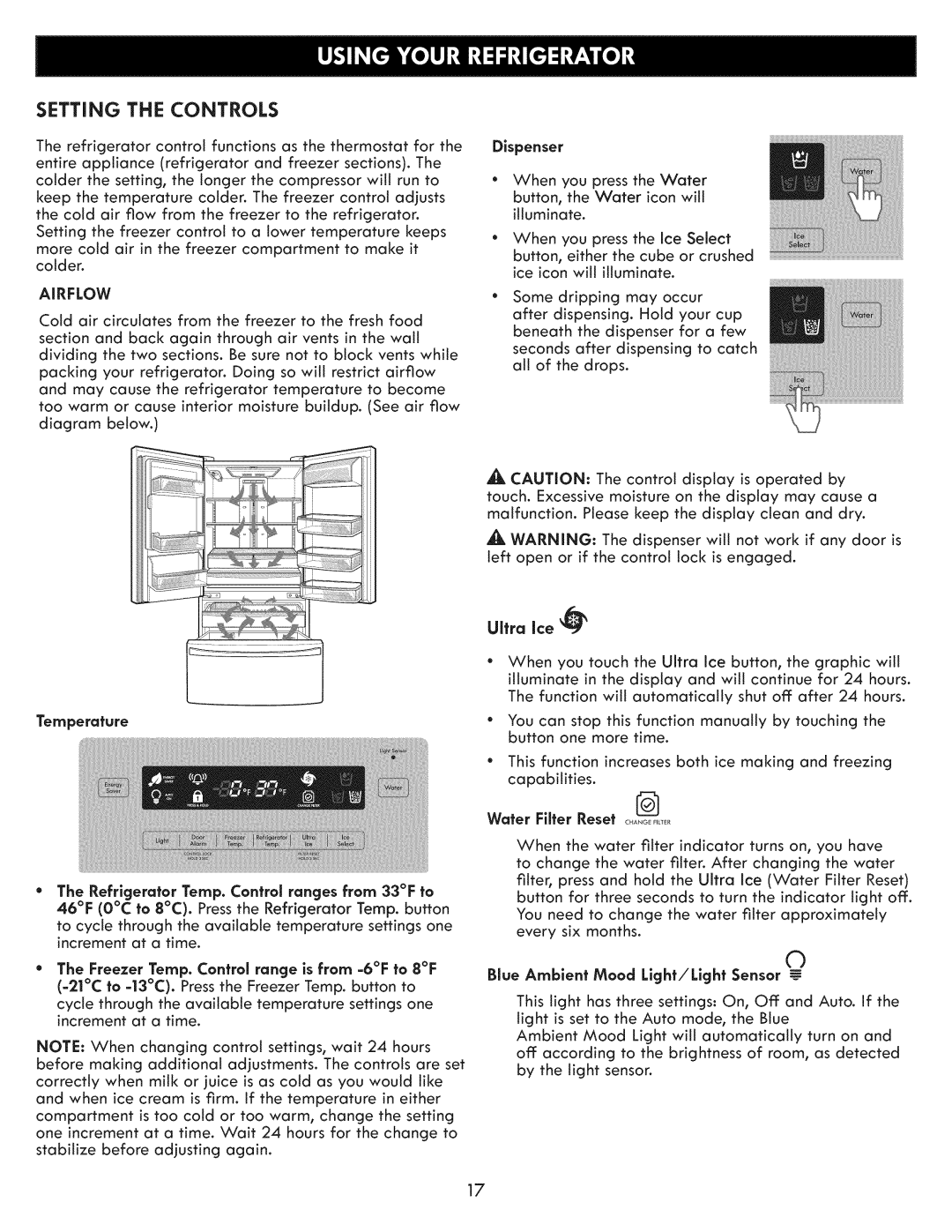 Kenmore 795.7103 manual Setting the Controls, Ultra ice, Airflow, Blue Ambient Mood Light/Light Sensor E 