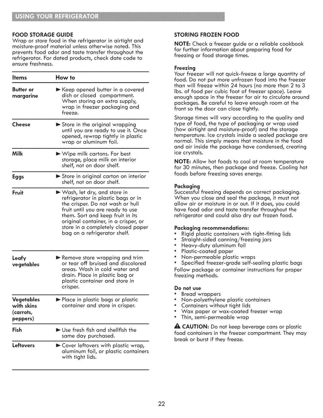 Kenmore 795.7103 manual Food Storage Guide 