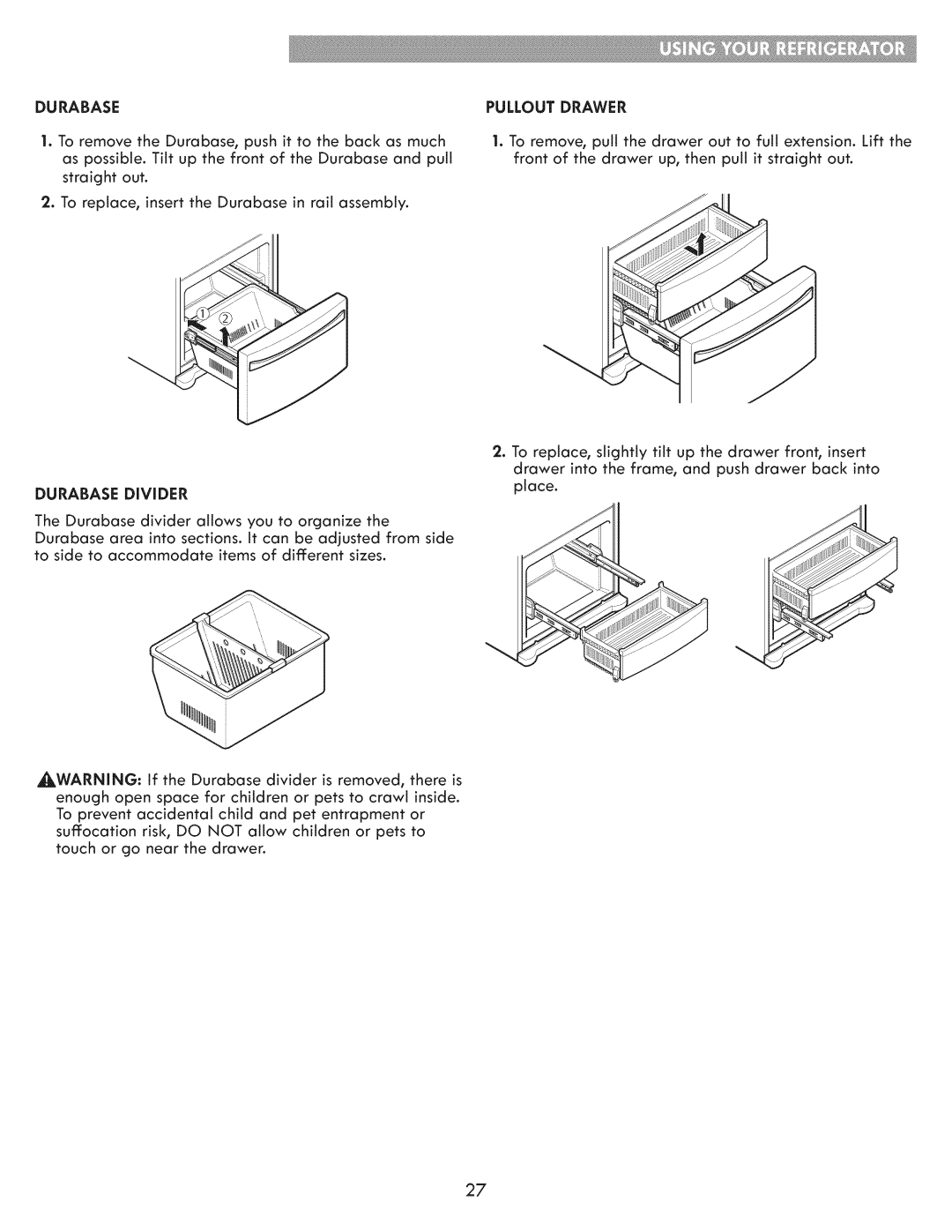 Kenmore 795.7103 manual DU Rabase, Durabase DiViDER, Pullout Drawer 