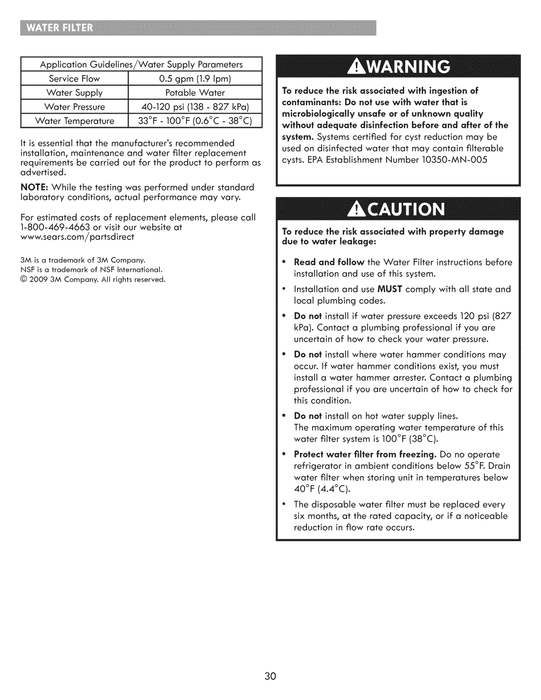 Kenmore 795.7103 manual Microblologlcally unsafe or of unknown quality 