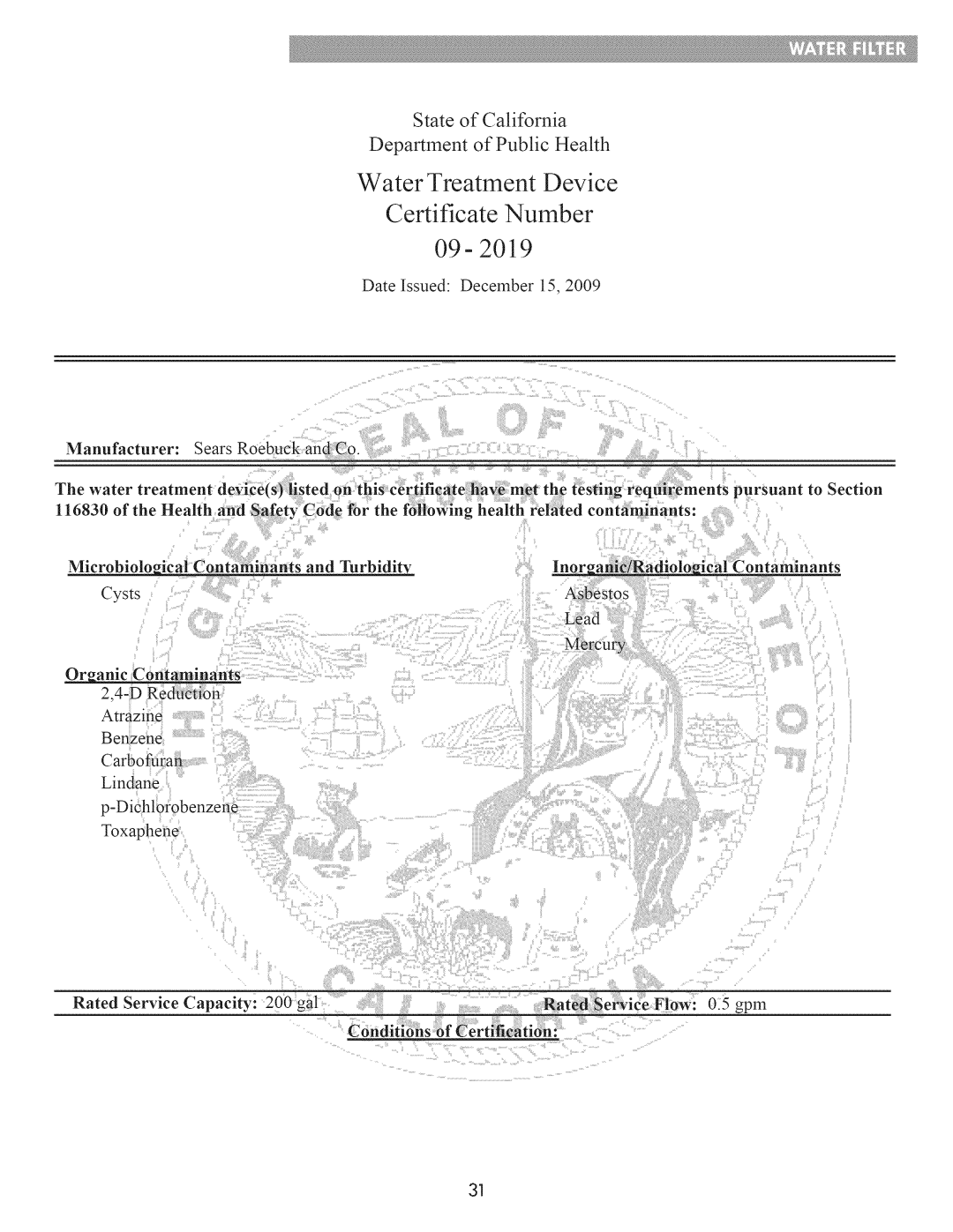 Kenmore 795.7103 manual Water Treatment Device Certificate Number 