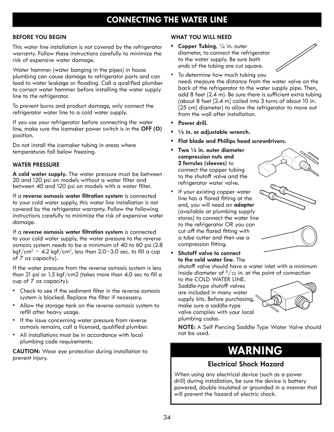 Kenmore 795.7103 manual Water Pressure, What YOU will Need, Power drlll, Shutoff valve to connect 