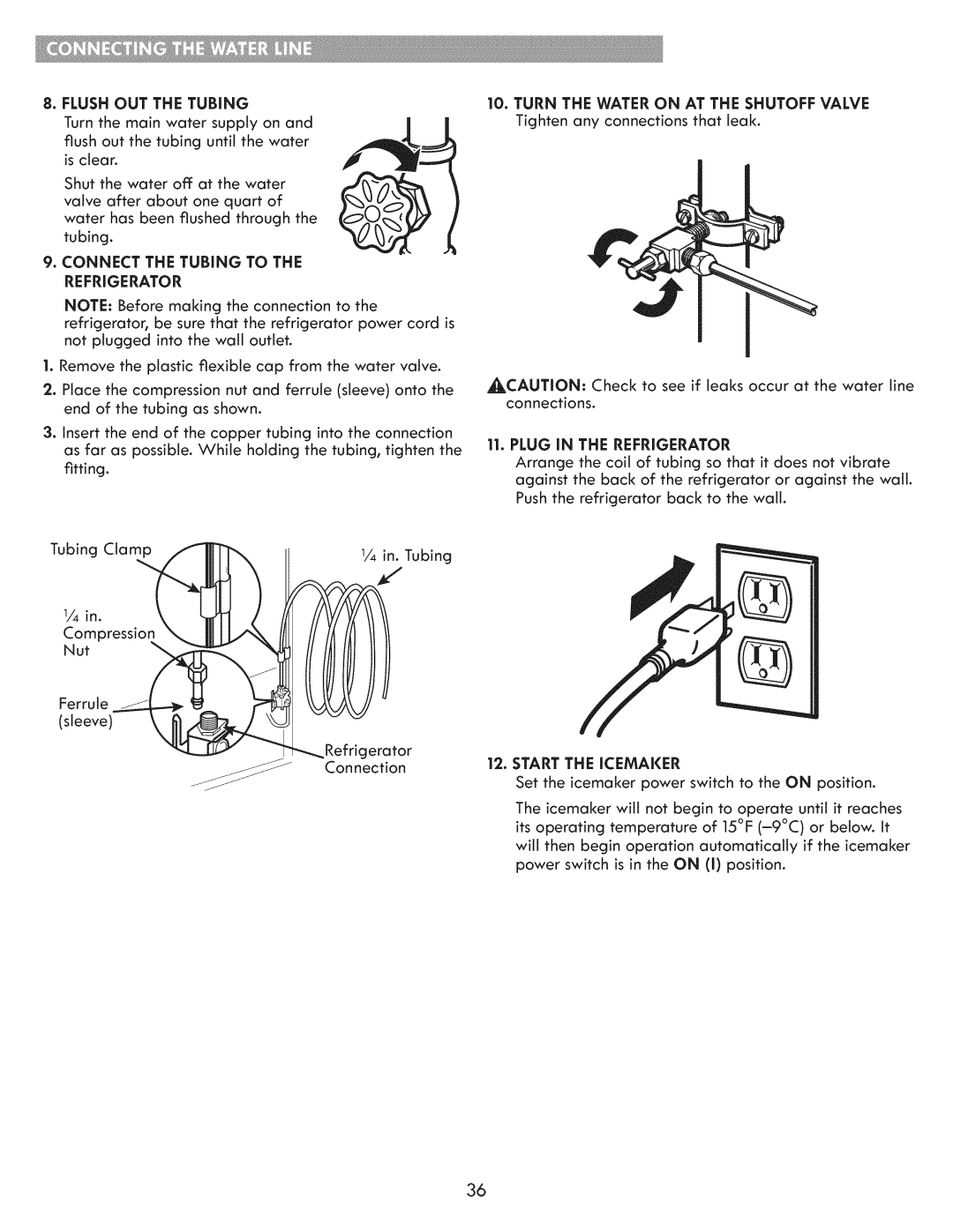 Kenmore 795.7103 manual Flush OUT the Tubing, Connect the Tubing to the Refrigerator, Start the Icemaker 