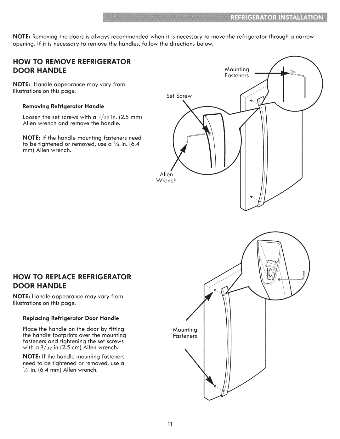 Kenmore 795.7103 manual To Remove, Door Handle, Mounting, Removing Refrigerator Handle 
