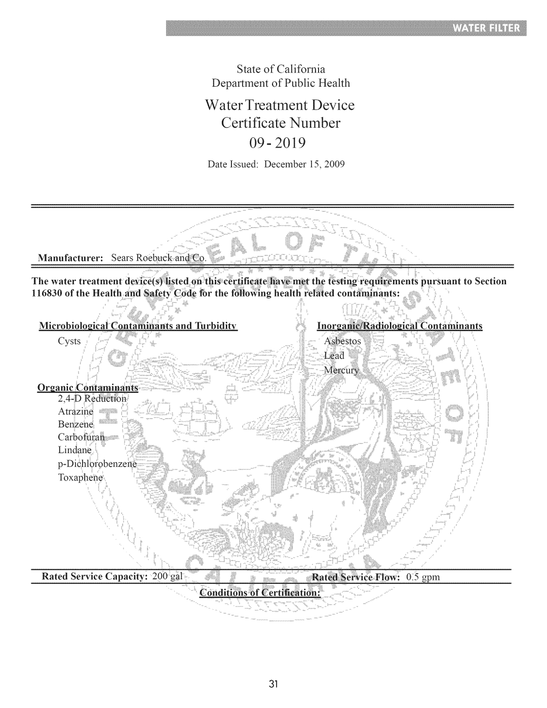 Kenmore 795.7103 Water Treatment Device Certificate Number, State of California Department of Public Health, Toxaphene 