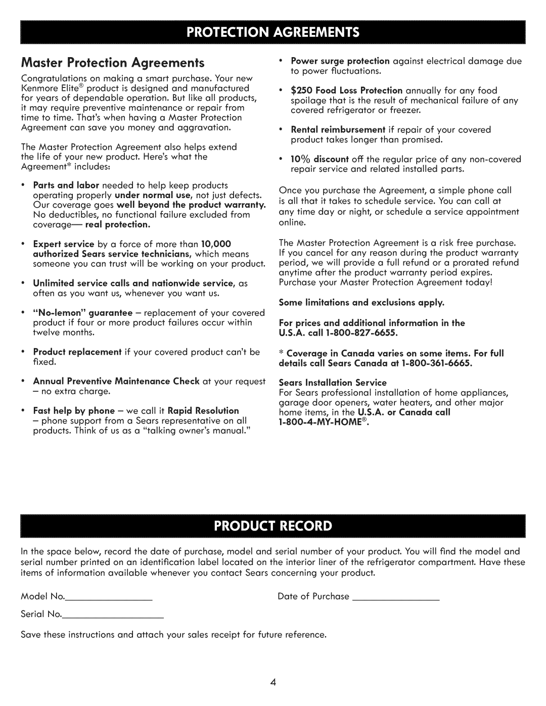 Kenmore 795.7103 manual Master Protection Agreements, Sears Installation Service, My-Home 