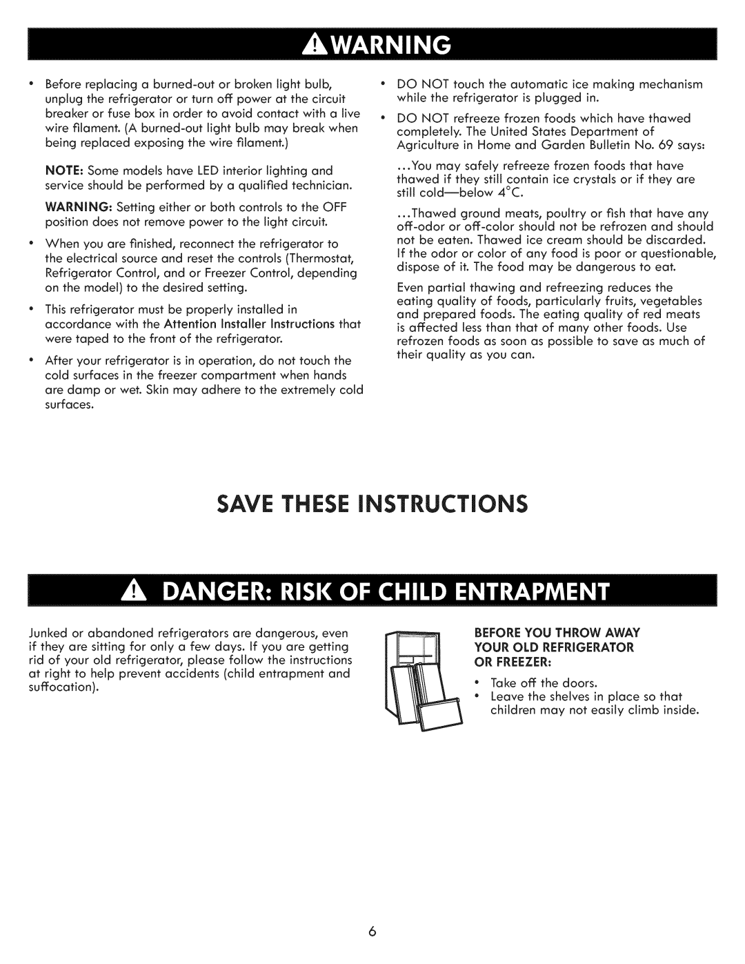 Kenmore 795.7103 manual Save These Instructions, Before You Throw Away Your Old Refrigerator 