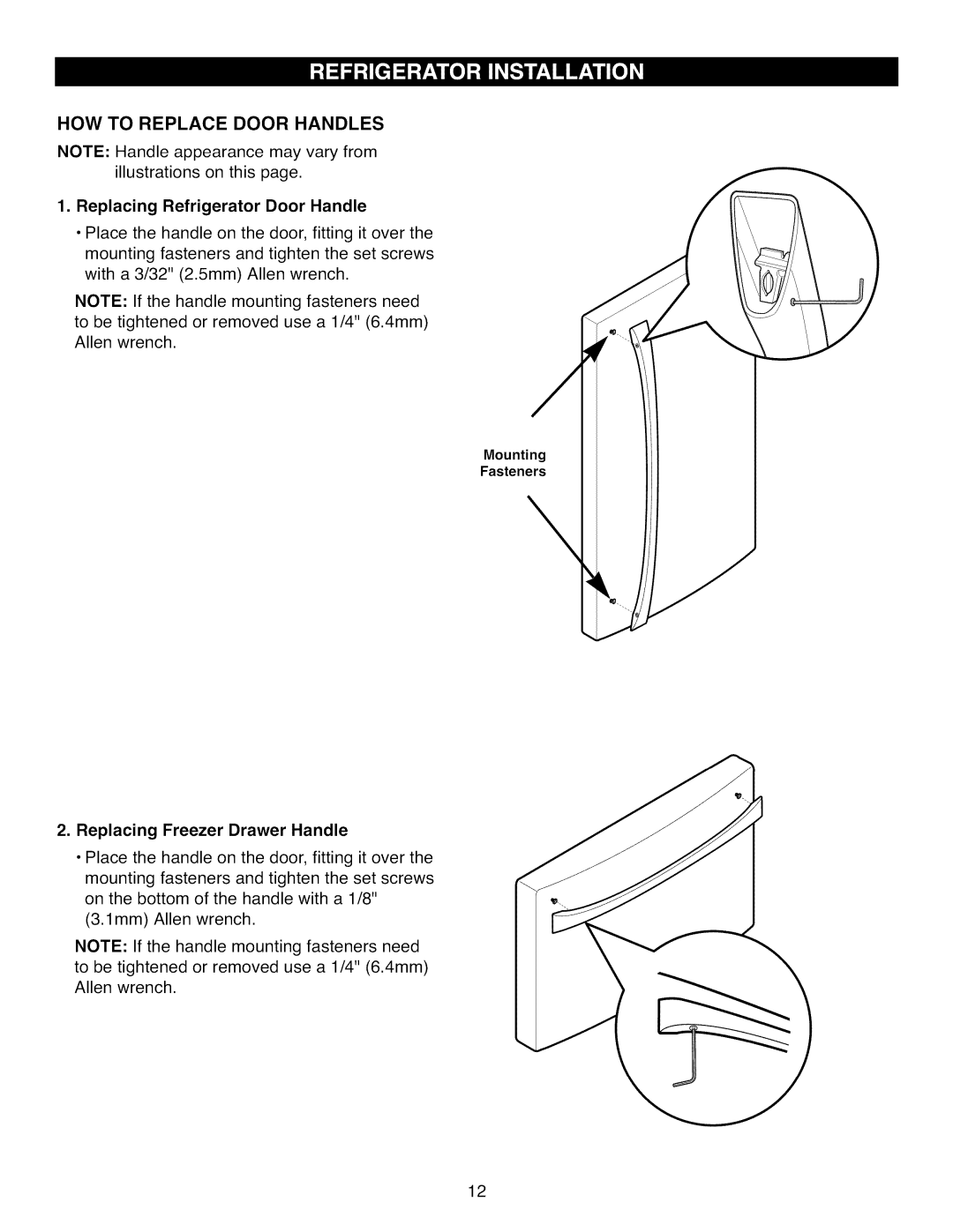 Kenmore 795.7104 manual HOW to Replace Door Handles, Replacing Refrigerator Door Handle, Replacing Freezer Drawer Handle 