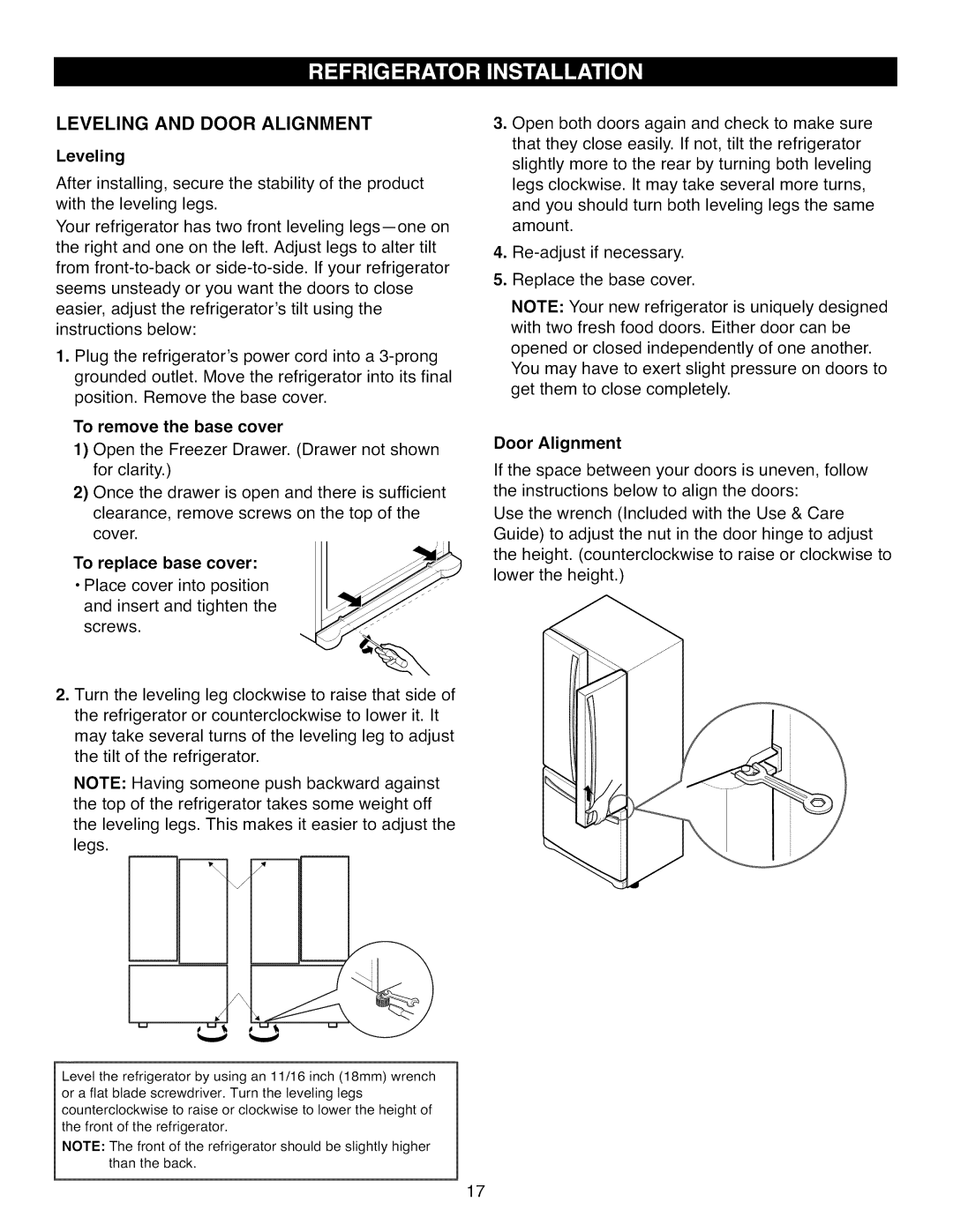 Kenmore 795.7104 manual Leveling and Door Alignment, To remove the base cover 