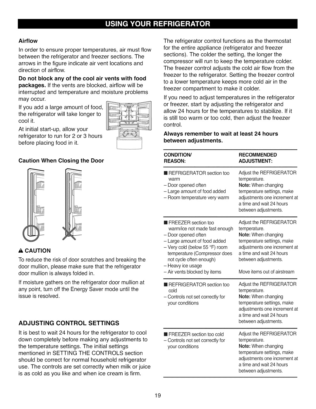 Kenmore 795.7104 manual Adjusting Control Settings, Airflow, Do not block any of the cool air vents with food 