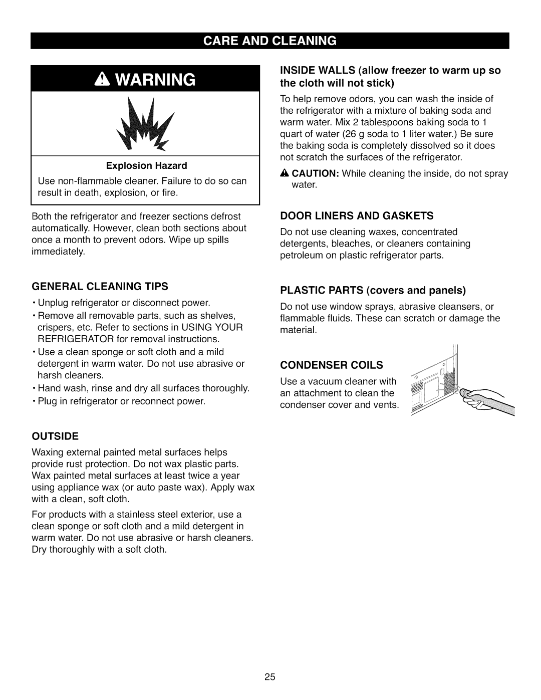 Kenmore 795.7104 manual Door Liners and Gaskets, General Cleaning Tips, Outside, Condenser Coils, Explosion Hazard 