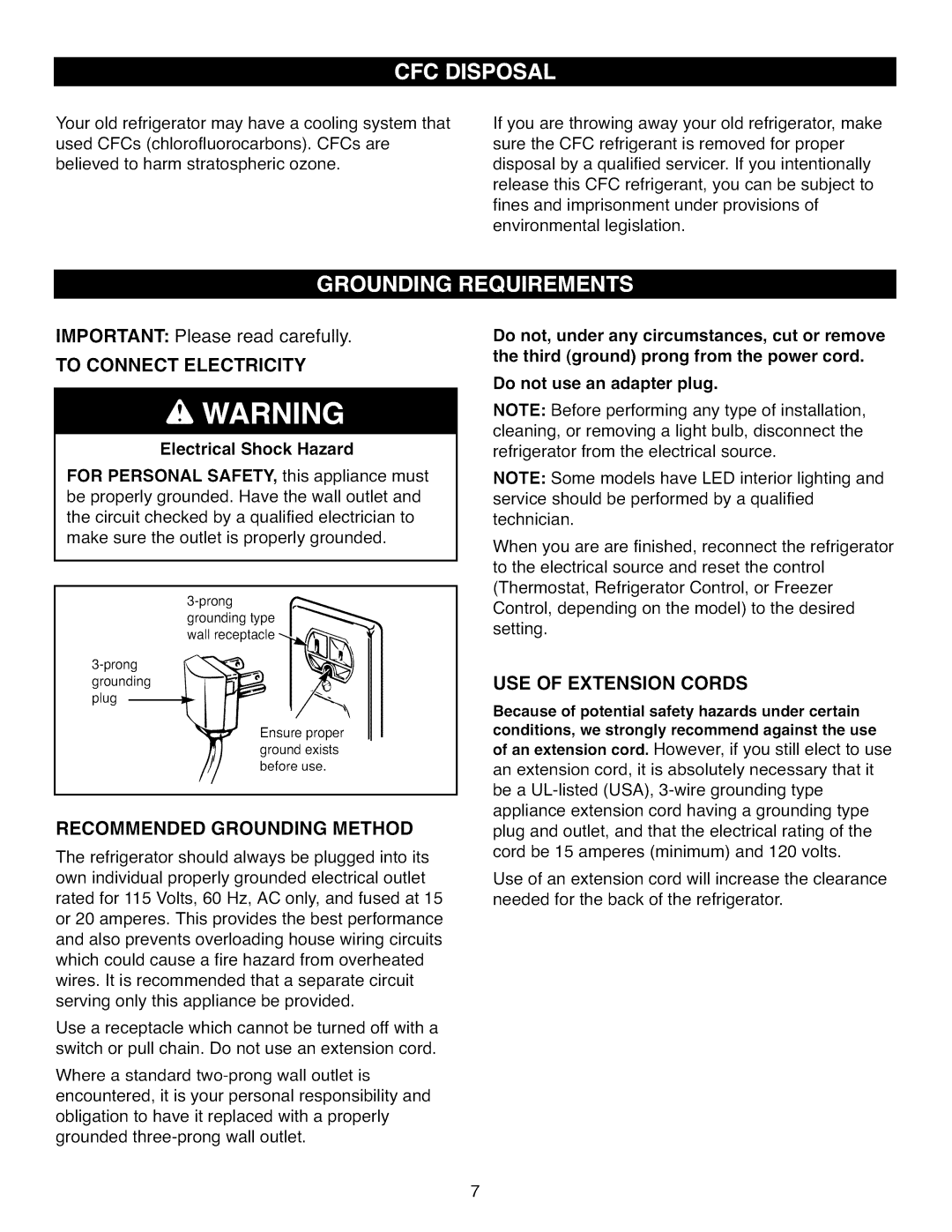 Kenmore 795.7104 To Connect Electricity, Recommended Grounding Method, USE of Extension Cords, Electrical Shock Hazard 