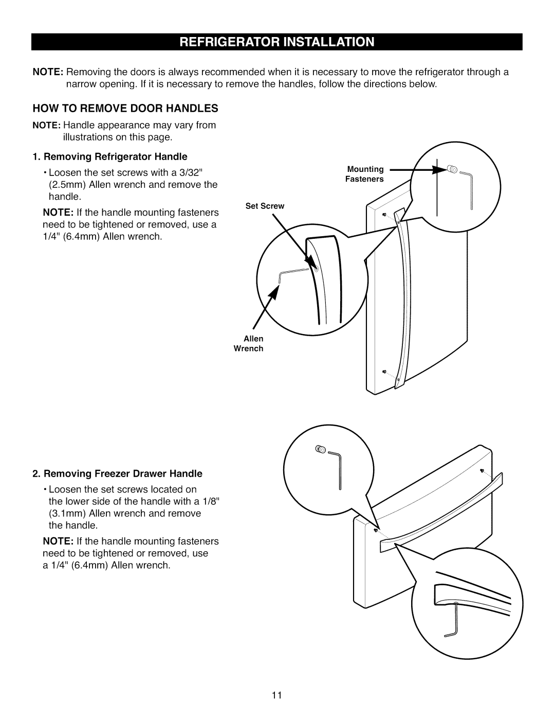 Kenmore 795.7104 manual How To Remove Door Handles, Removing Refrigerator Handle, Removing Freezer Drawer Handle 