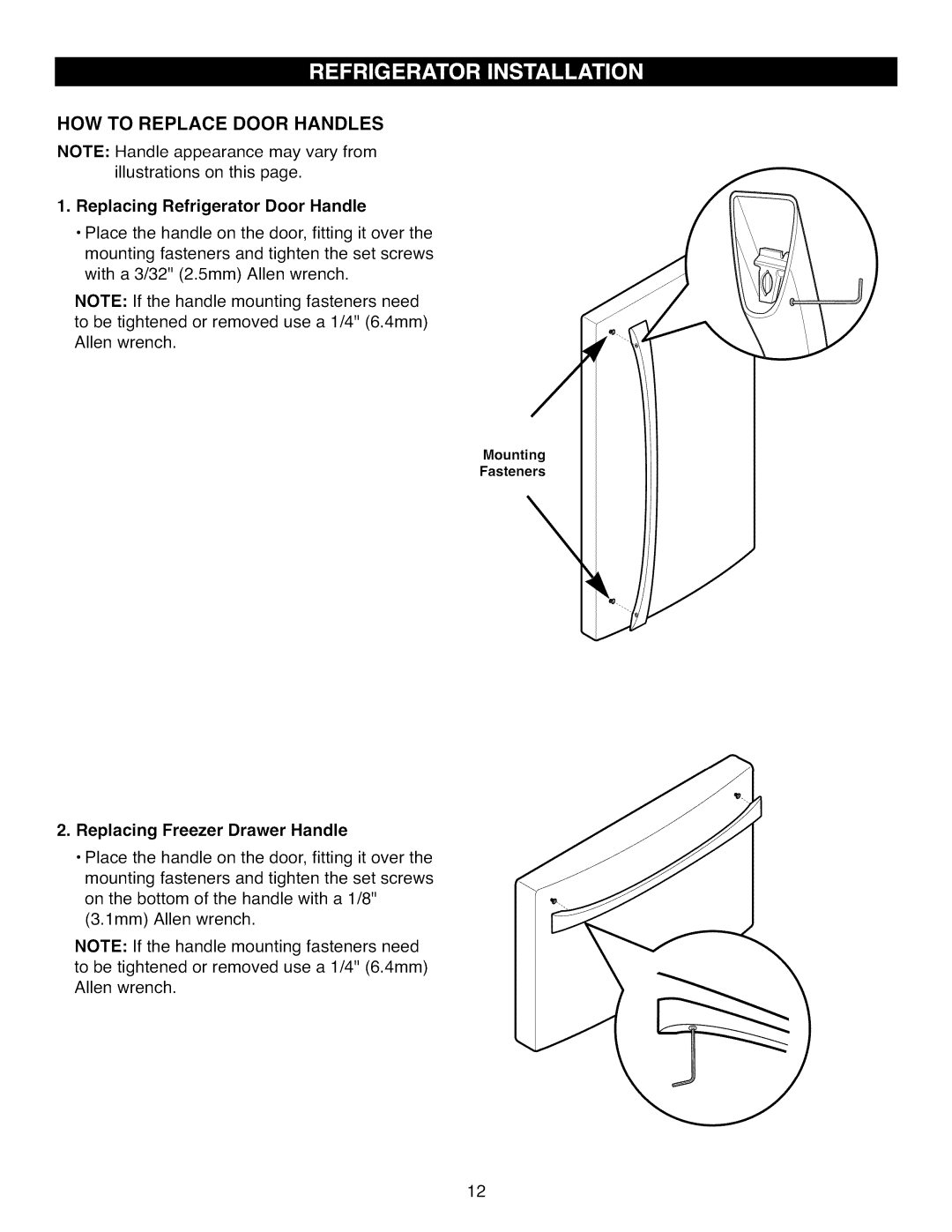 Kenmore 795.7104 manual How To Replace Door Handles, Replacing Refrigerator Door Handle, Replacing Freezer Drawer Handle 