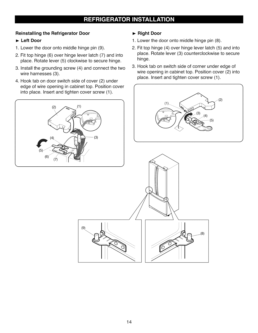 Kenmore 795.7104 manual Reinstalling the Refrigerator Door Left Door 