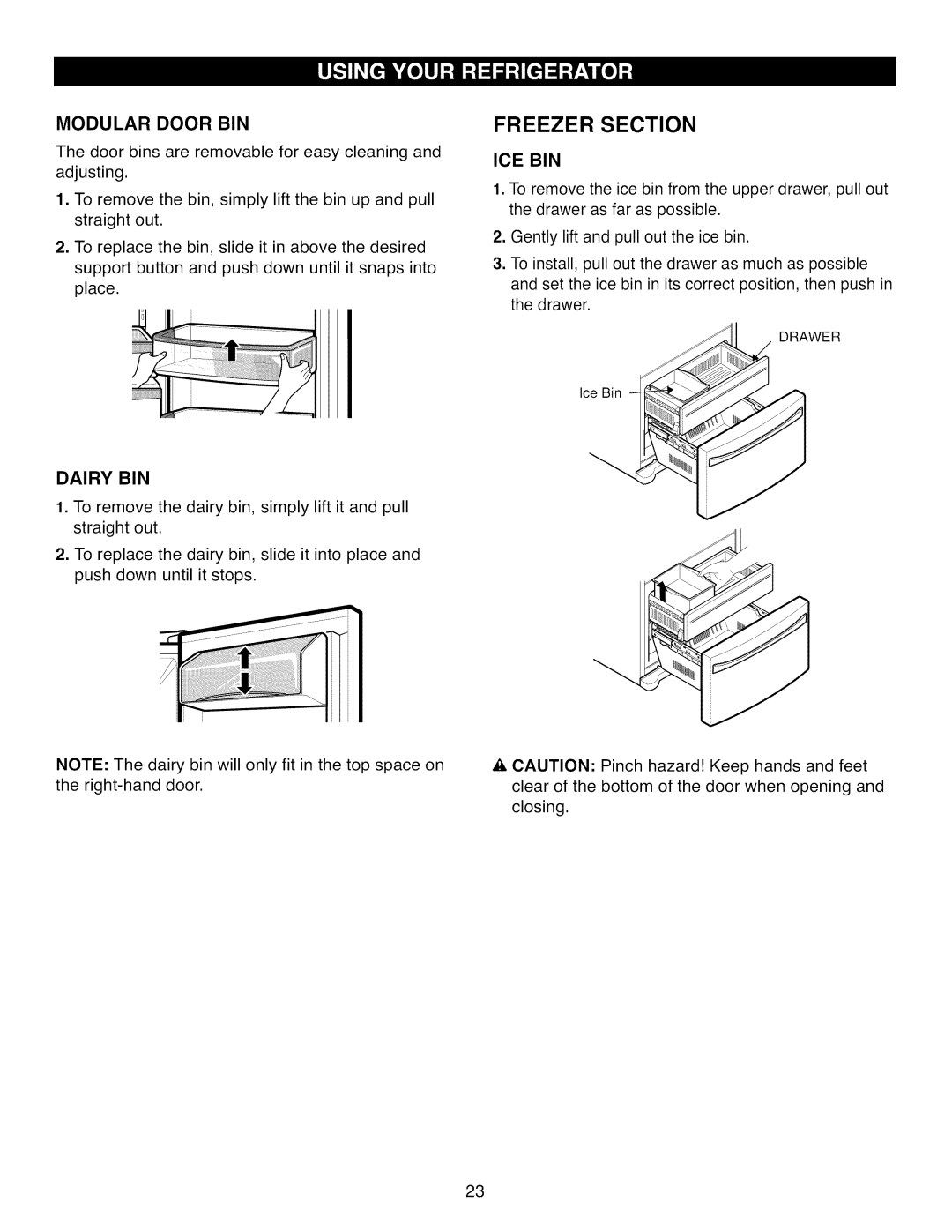 Kenmore 795.7104 manual Freezer Section, Modular Door Bin, Dairy Bin, Ice Bin 