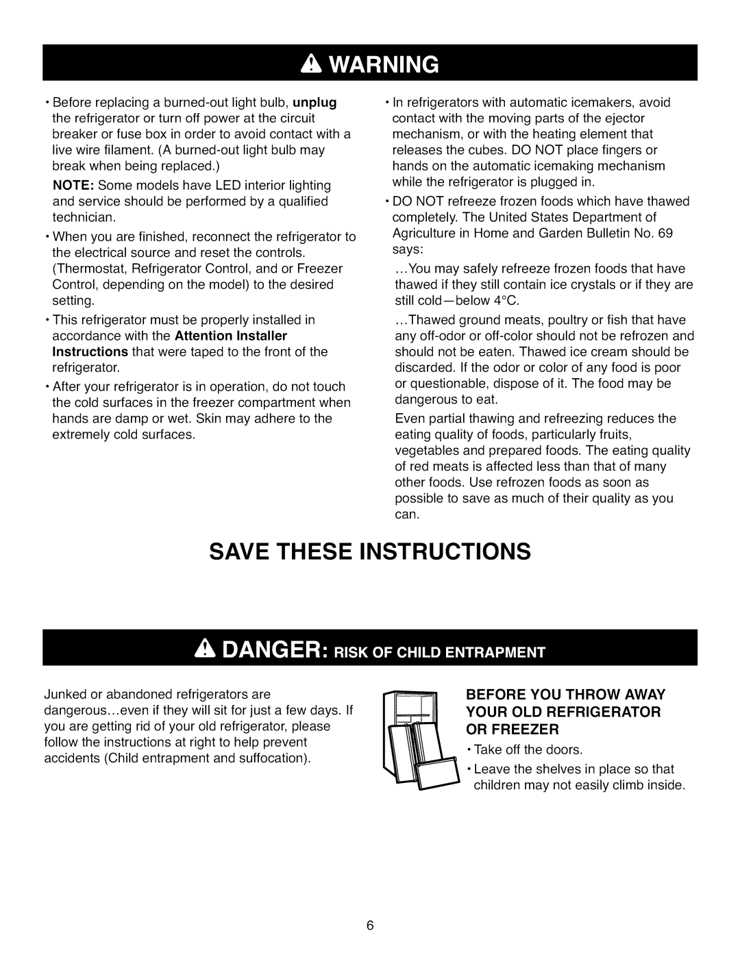 Kenmore 795.7104 Save These Instructions, Before You Throw Away, Your Old Refrigerator Or Freezer, • Take off the doors 