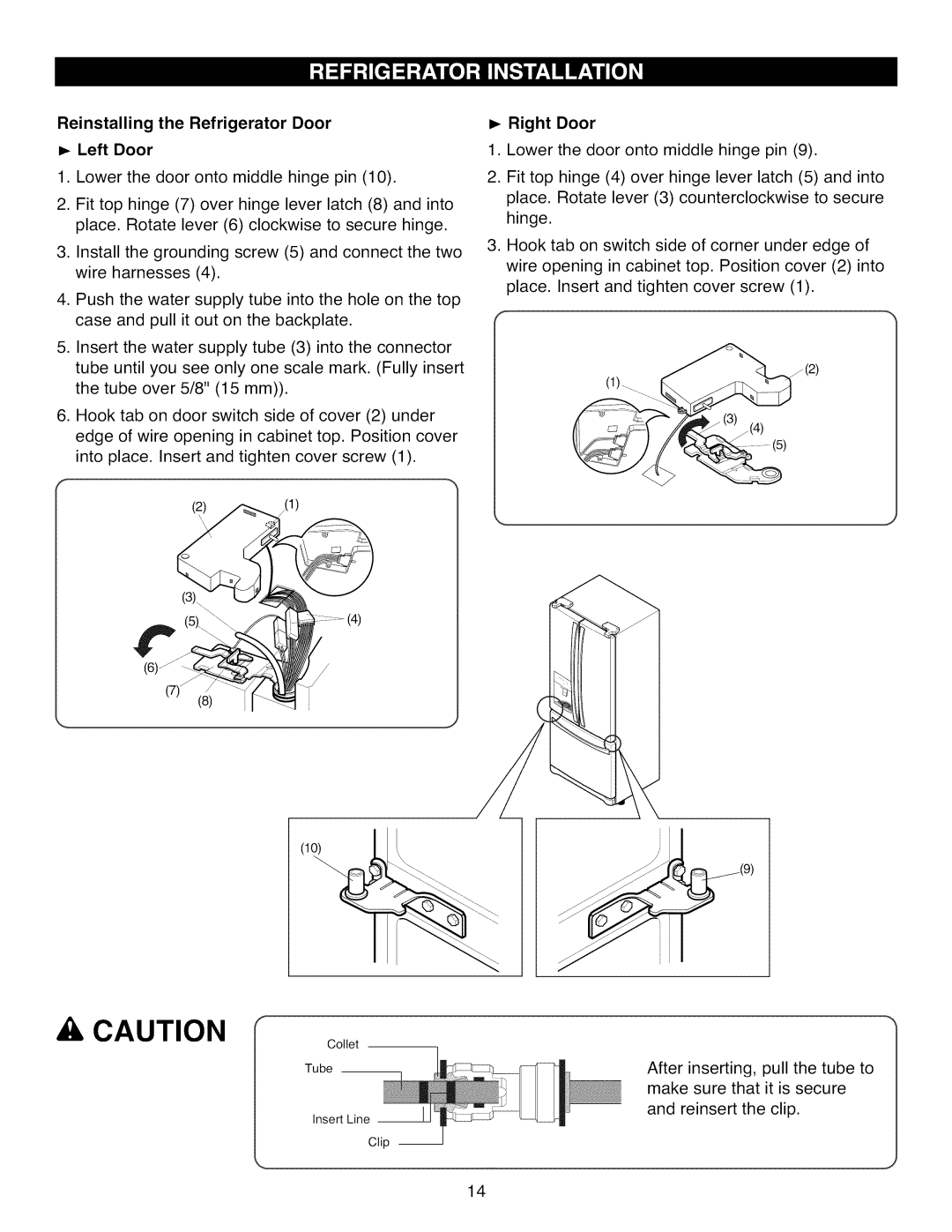 Kenmore 795.7105 manual Reinstalling the Refrigerator Door Left Door 