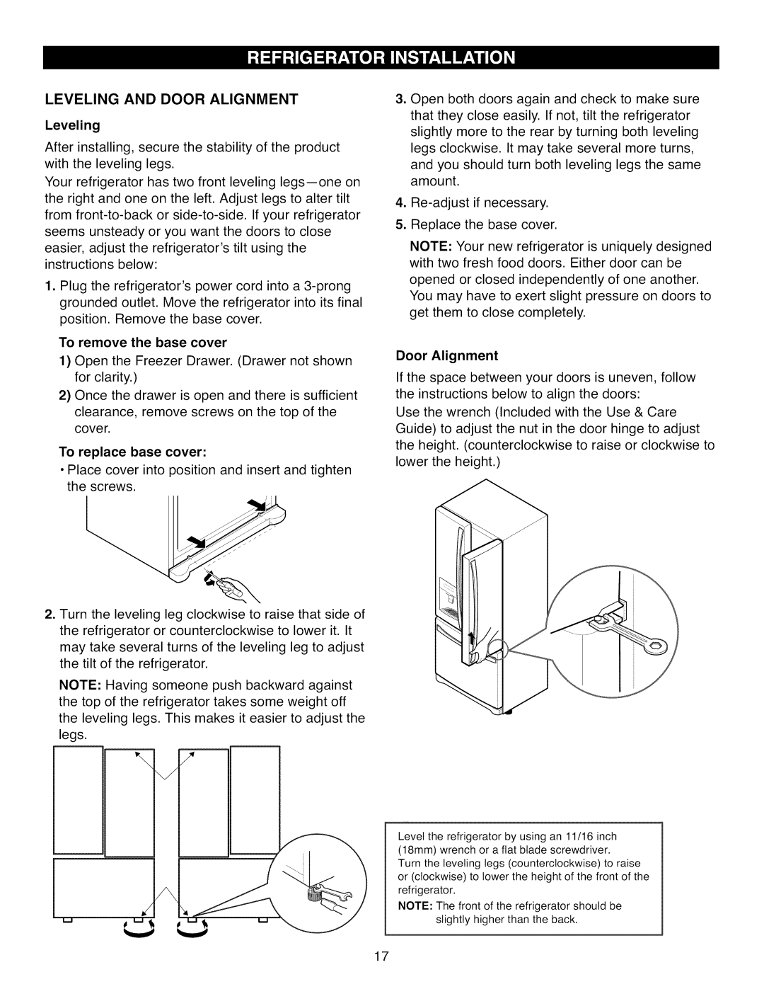 Kenmore 795.7105 manual Leveling and Door Alignment, To replace base cover 