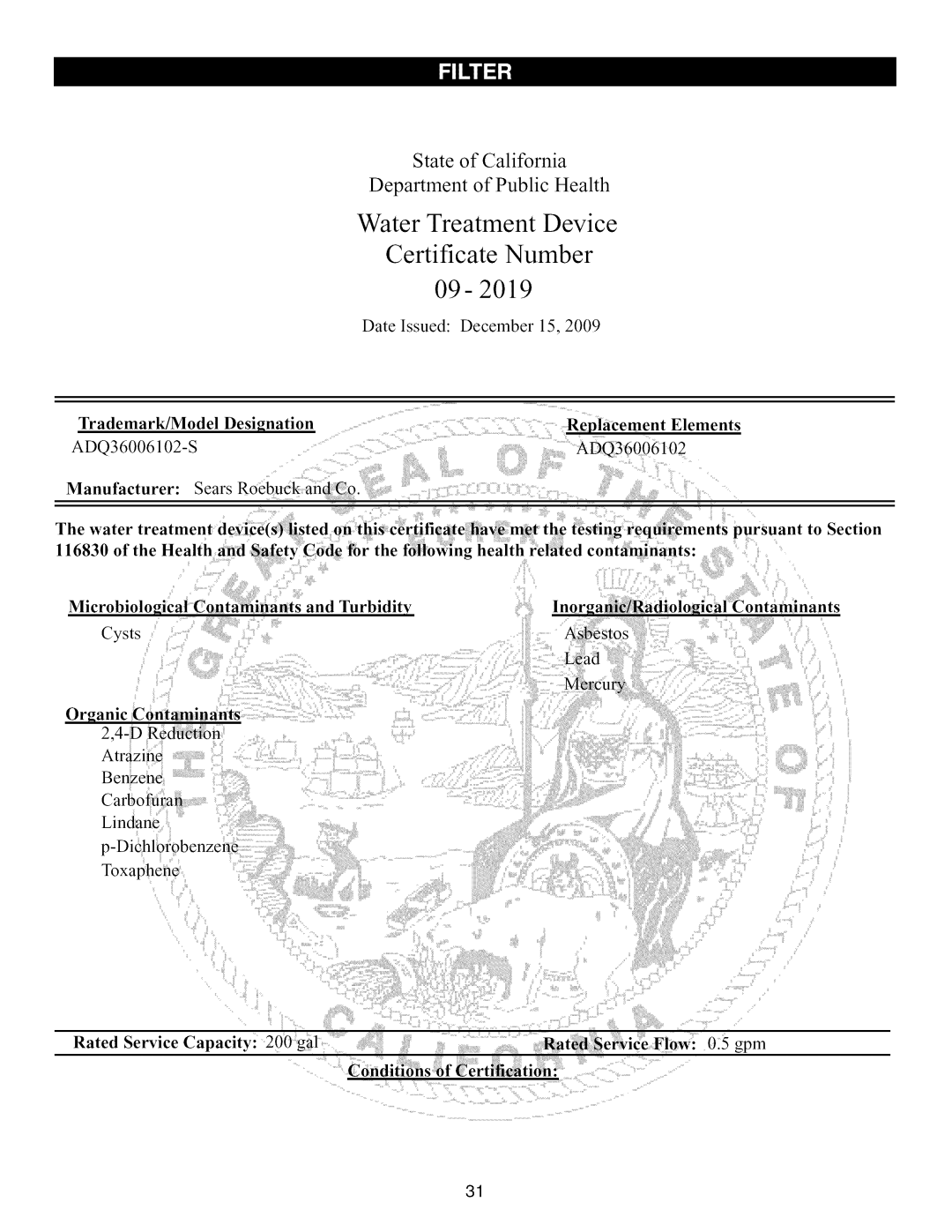 Kenmore 795.7105 manual Water Treatment Device Certificate Number 