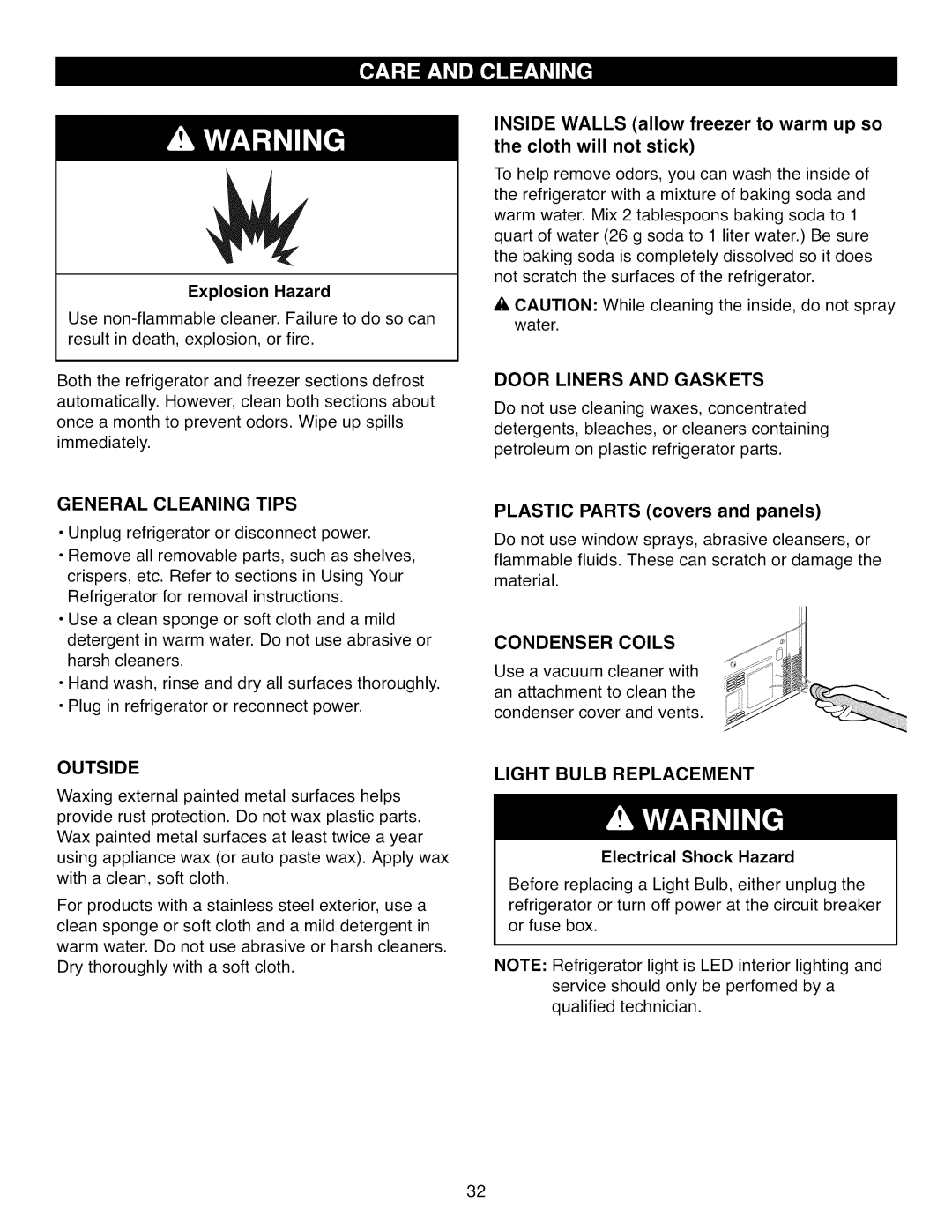 Kenmore 795.7105 manual General Cleaning Tips, Door Liners and Gaskets, Condenser Coils, Outside, Light Bulb Replacement 