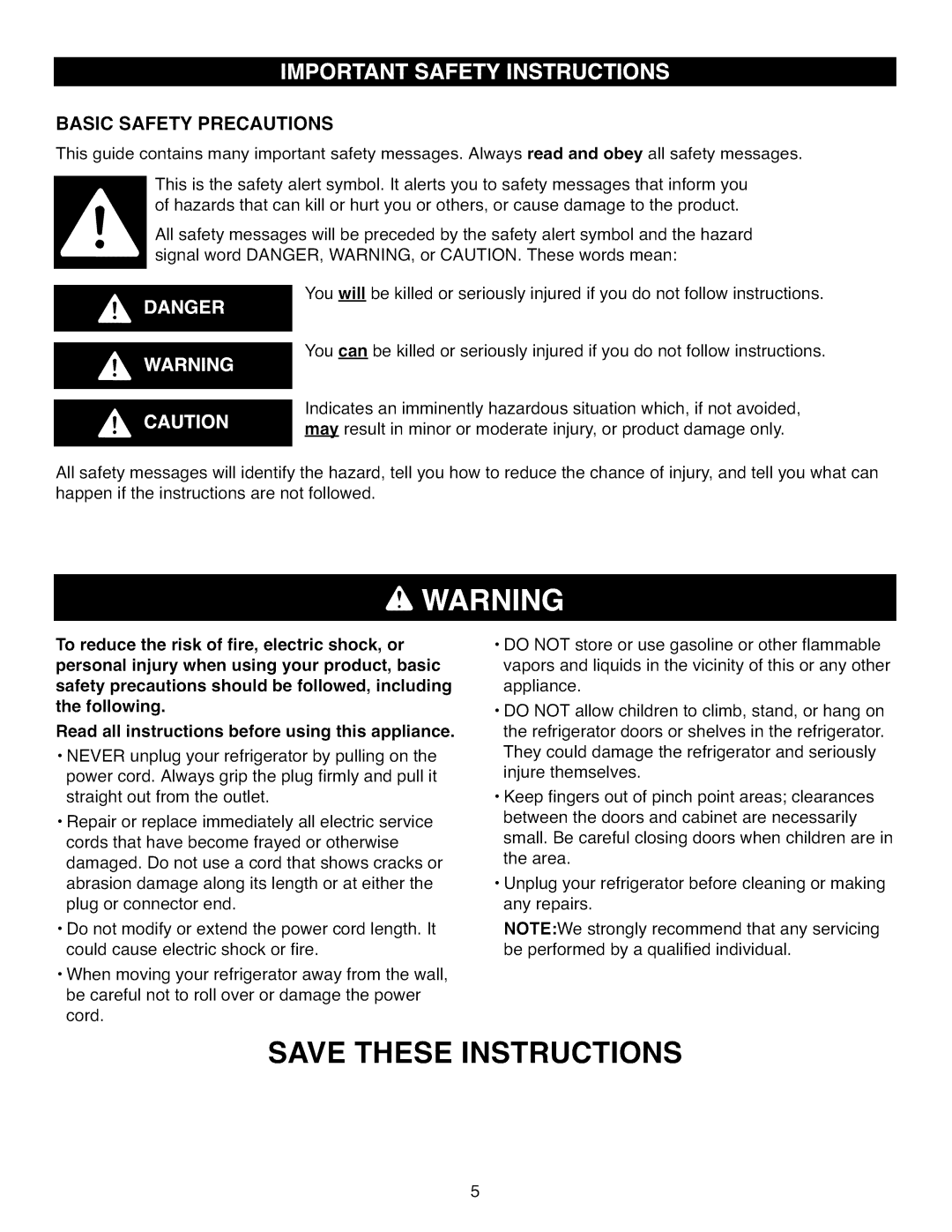 Kenmore 795.7105 manual Save These Instructions 