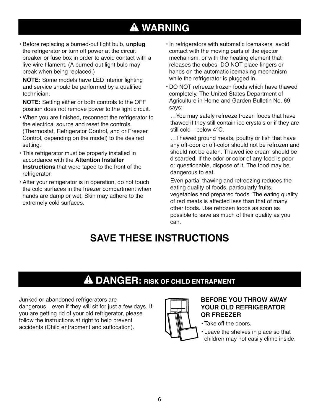 Kenmore 795.7105 Save These Instructions, Before You Throw Away, Your Old Refrigerator Or Freezer, • Take off the doors 