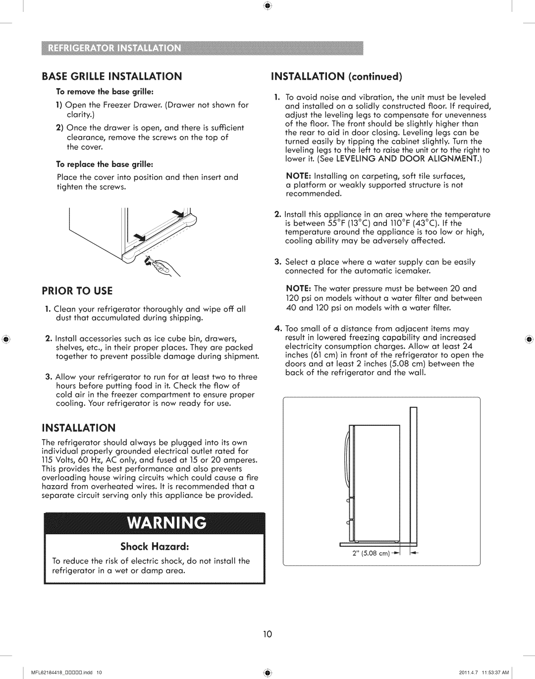 Kenmore 795.7109 manual Base Grille iNSTALLATiON, Prior to USE, To remove the base grllle, To replace the base grllle 