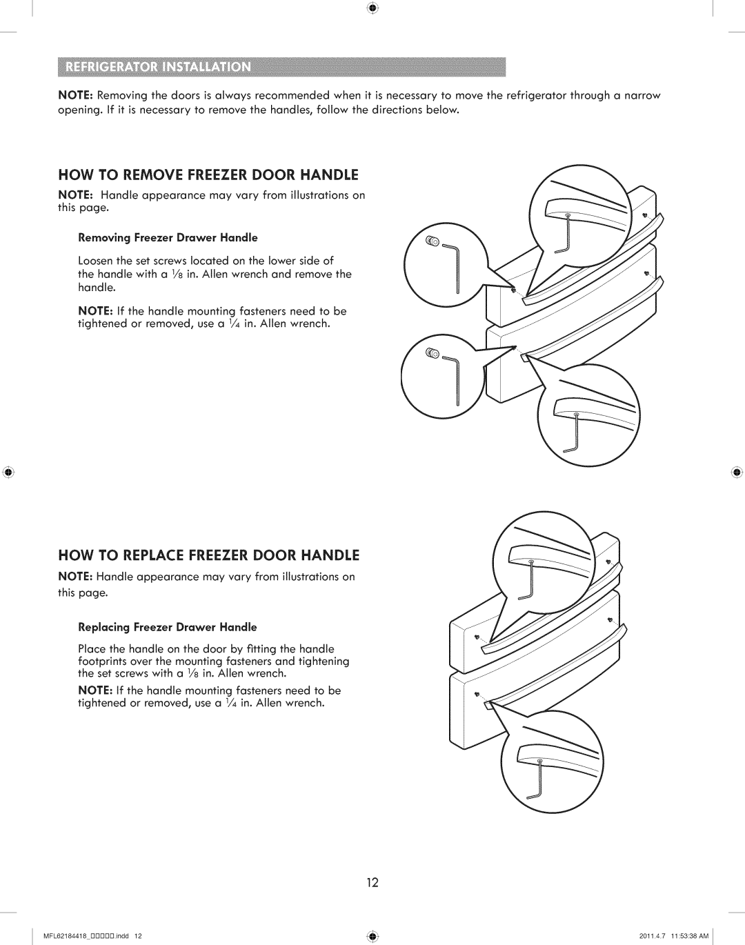 Kenmore 795.7109 manual HOW to Remove Freezer Door Handle, Removing Freezer Drawer Handle, Replacing Freezer Drawer Handle 