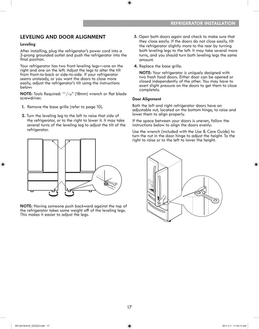 Kenmore 795.7109 manual Leveling and Door Alignment, Door Allgnment 