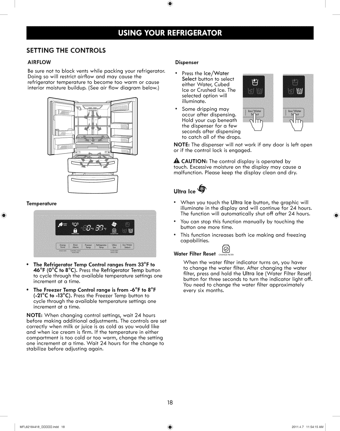 Kenmore 795.7109 manual Setting the Controls, Airflow, Dispenser, Ultra ice 