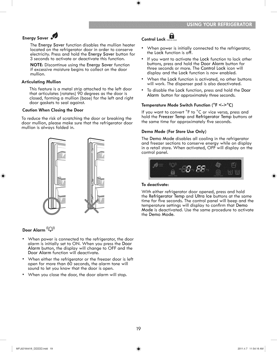 Kenmore 795.7109 manual Energy Saver, Articulatlng Mulllon, Door Alarm, Control Lock, Temperature Mode Switch Function F =C 