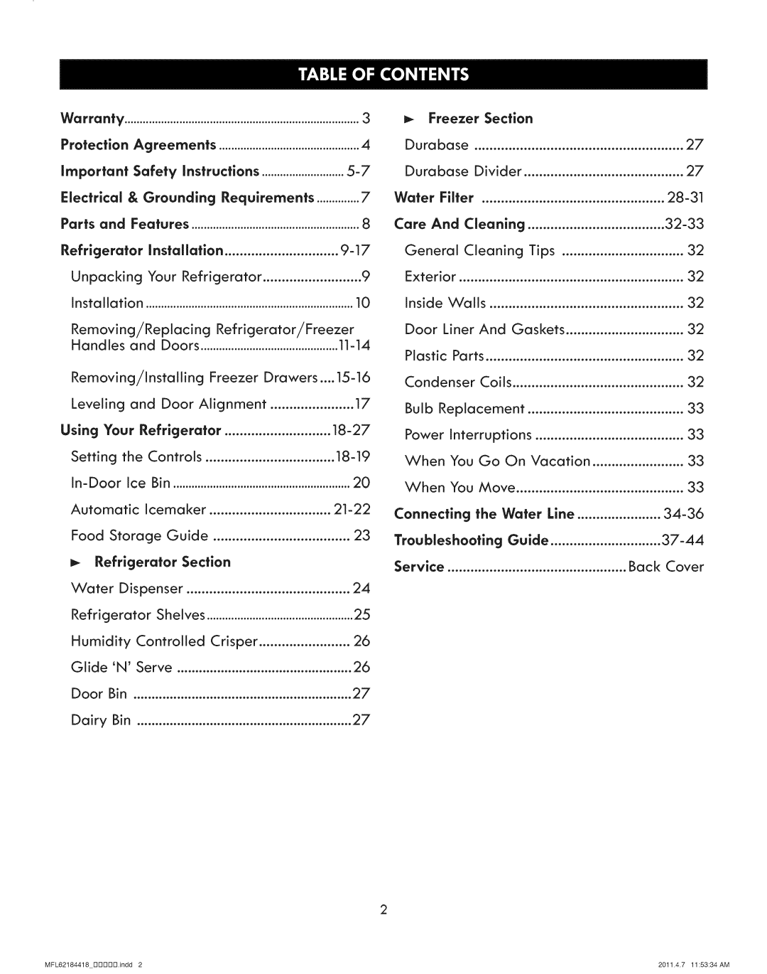 Kenmore 795.7109 Section Protection Agreements, Safety, Electrical Grounding, Water Filter, Parts, Care, Refrigerator 