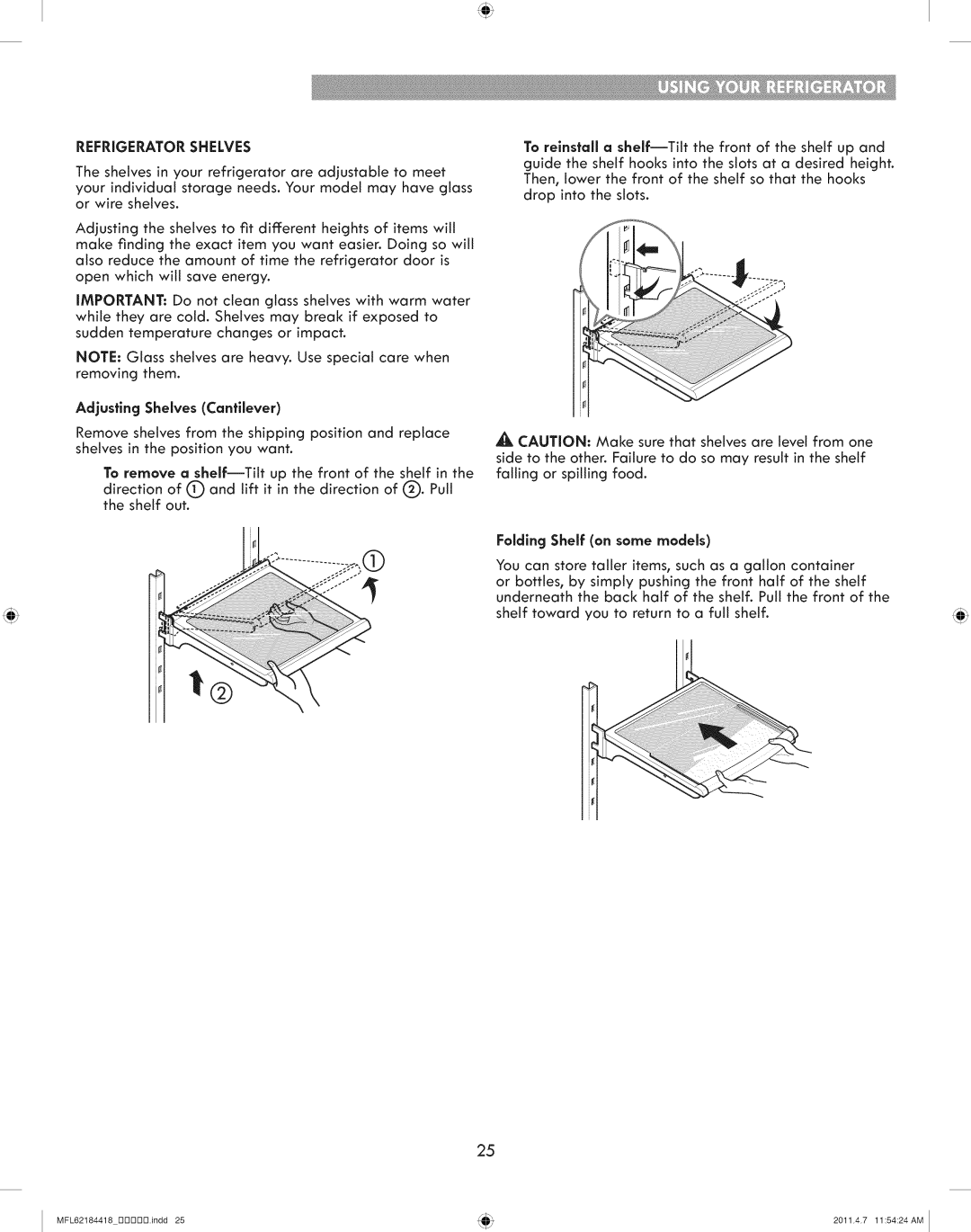 Kenmore 795.7109 manual Adjusting Shelves Cantilever, Foldlng Shelf on some models 