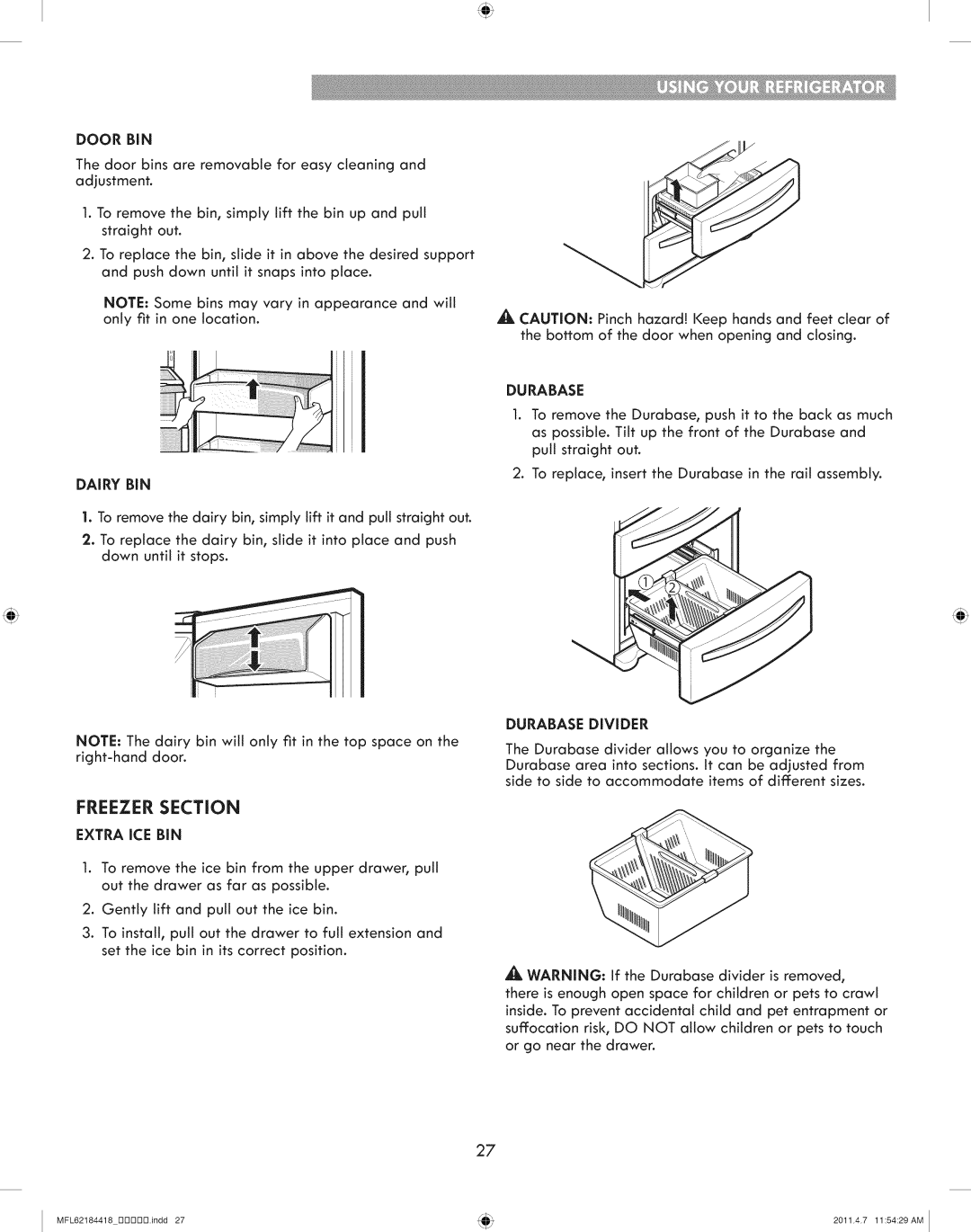 Kenmore 795.7109 manual Freezer Section, Dairy BiN, Extra iCE BiN, Durabase DiViDER 