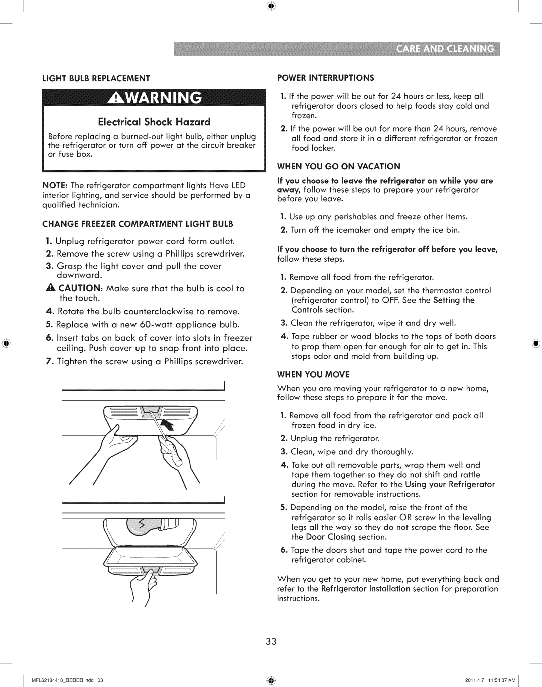 Kenmore 795.7109 manual Light Bulb Replacement Power Interruptions, Change Freezer Compartment Light Bulb, When YOU Move 