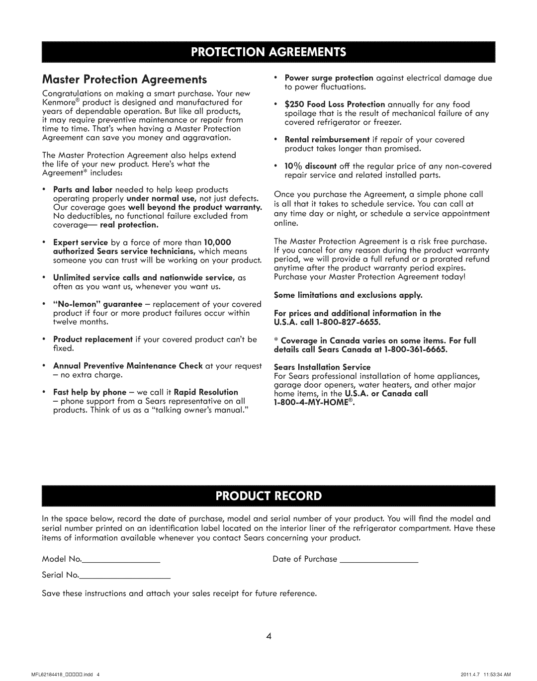 Kenmore 795.7109 manual Master Protection Agreements 