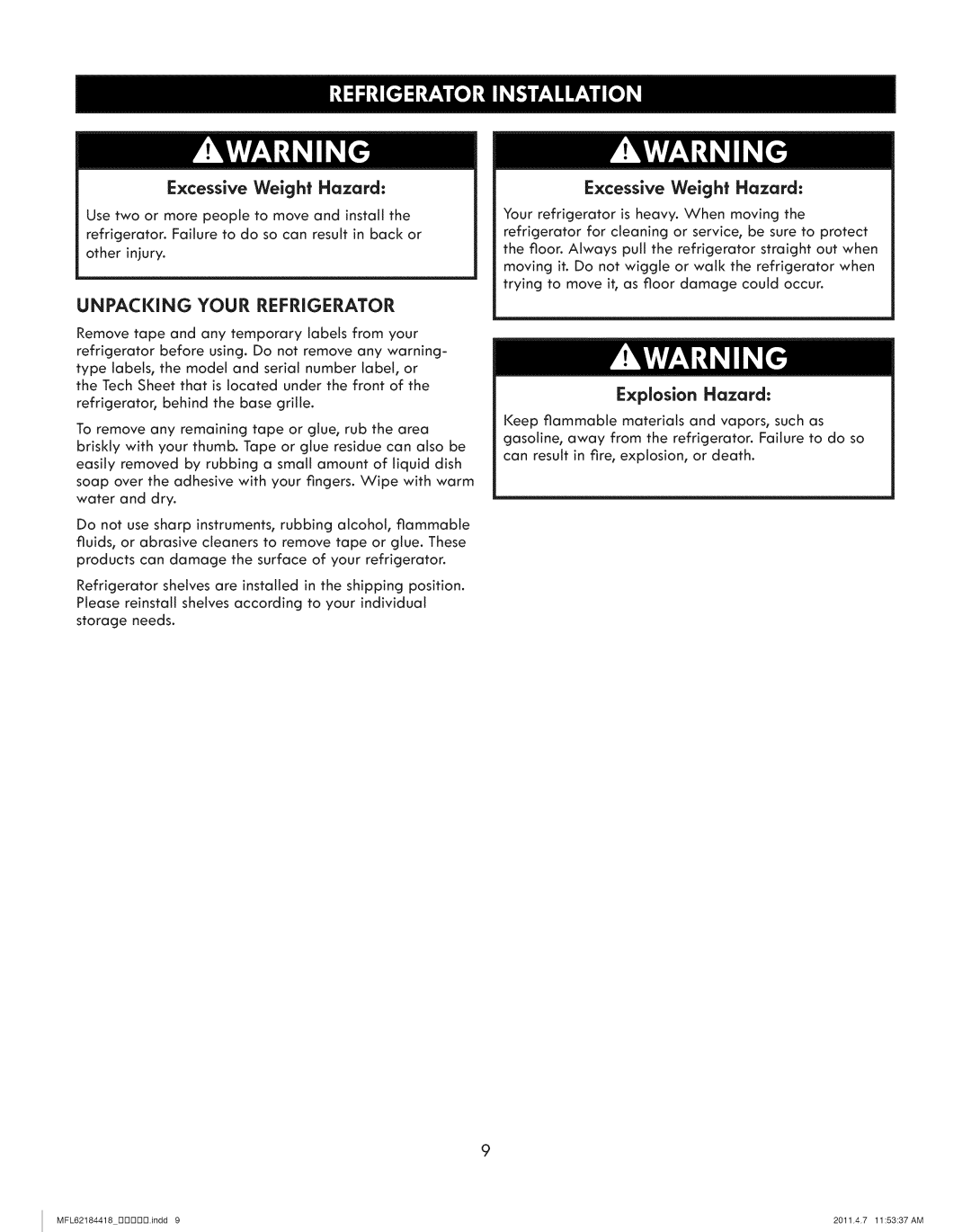 Kenmore 795.7109 manual Excessive Weight Hazard 