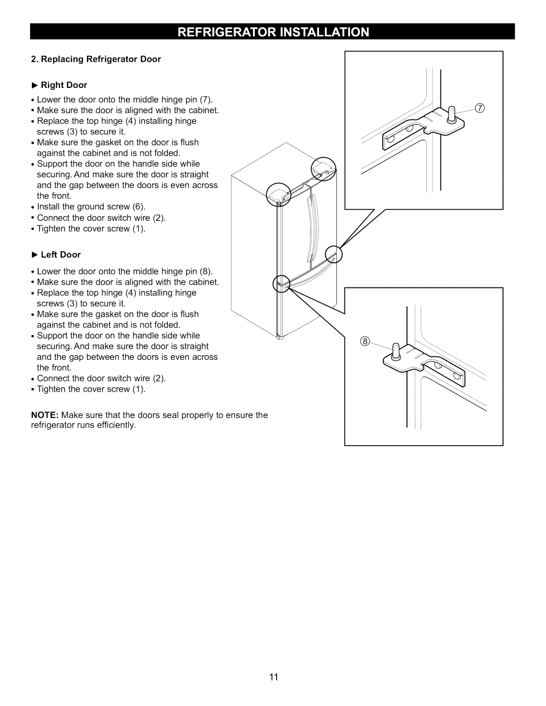 Kenmore 795.7130-K manual Replacing Refrigerator Door Right Door 