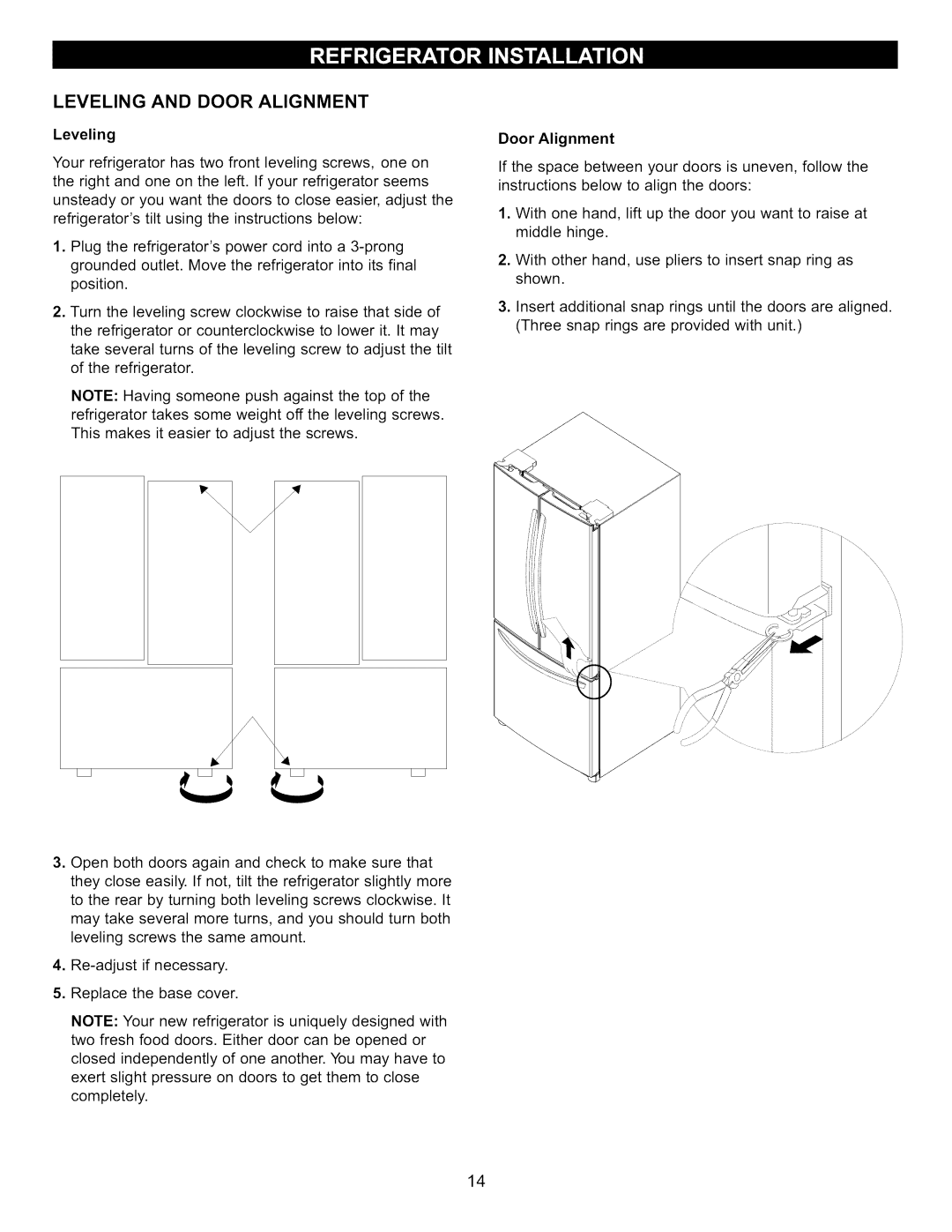 Kenmore 795.7130-K manual Leveling and Door Alignment 