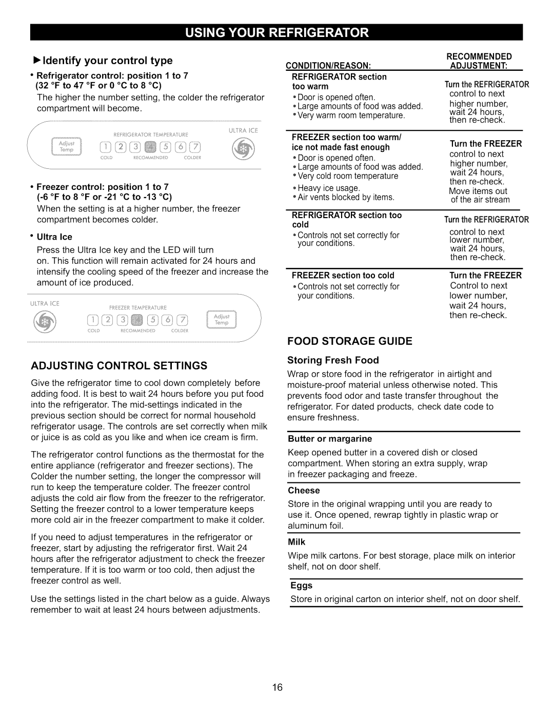 Kenmore 795.7130-K manual Adjusting Control Settings, Food Storage Guide 