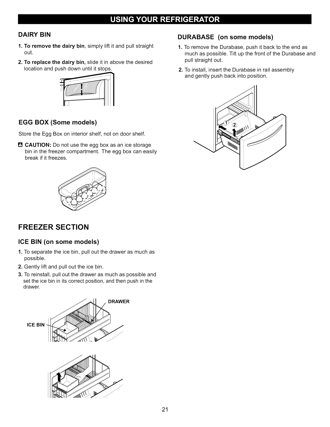 Kenmore 795.7130-K manual Dairy BIN, EGG BOX Some models, Durabase on some models, ICE BIN on some models 