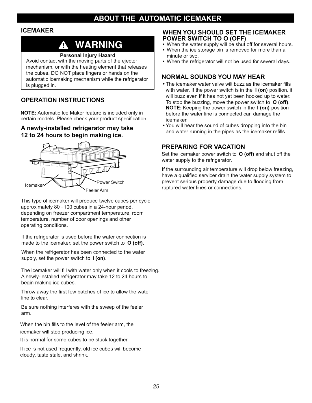 Kenmore 795.7130-K manual Operation Instructions, When YOU should SET the Icemaker Power Switch to O OFF 