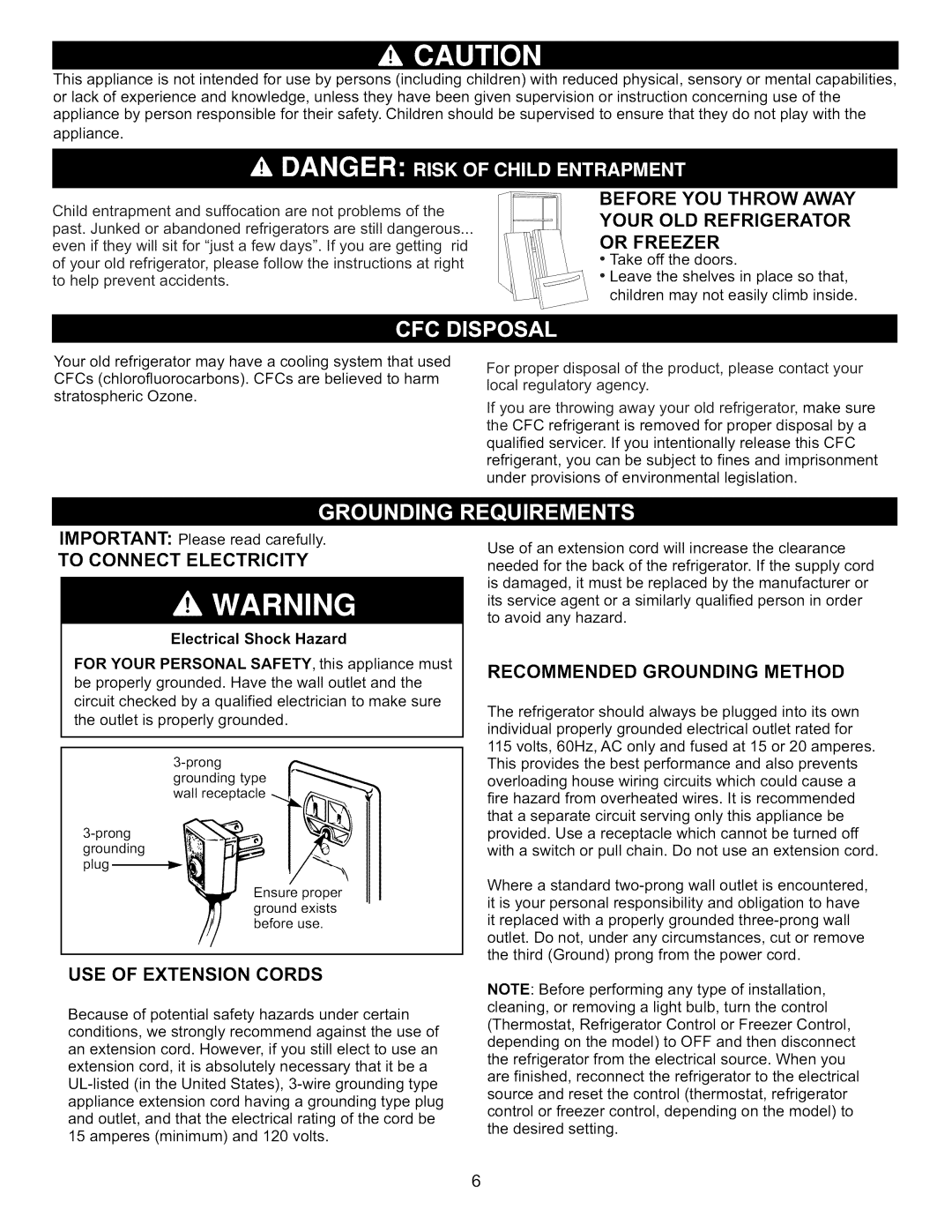 Kenmore 795.7130-K Before YOU Throw Away Your OLD Refrigerator Or Freezer, To Connect Electricity, USE of Extension Cords 