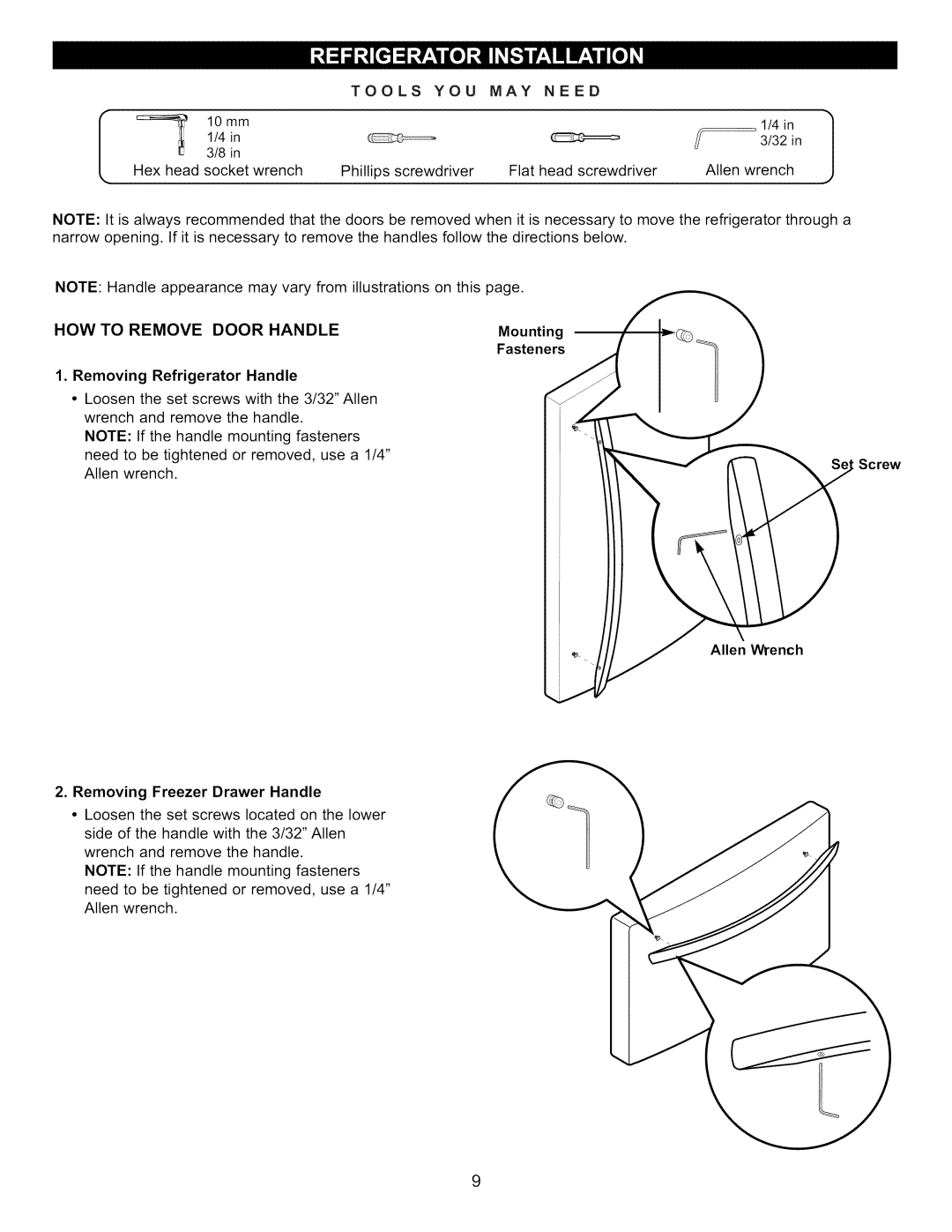 Kenmore 795.7130-K manual Removing Refrigerator Handle, Mounting Fasteners, Allen Wrench Removing Freezer Drawer Handle 