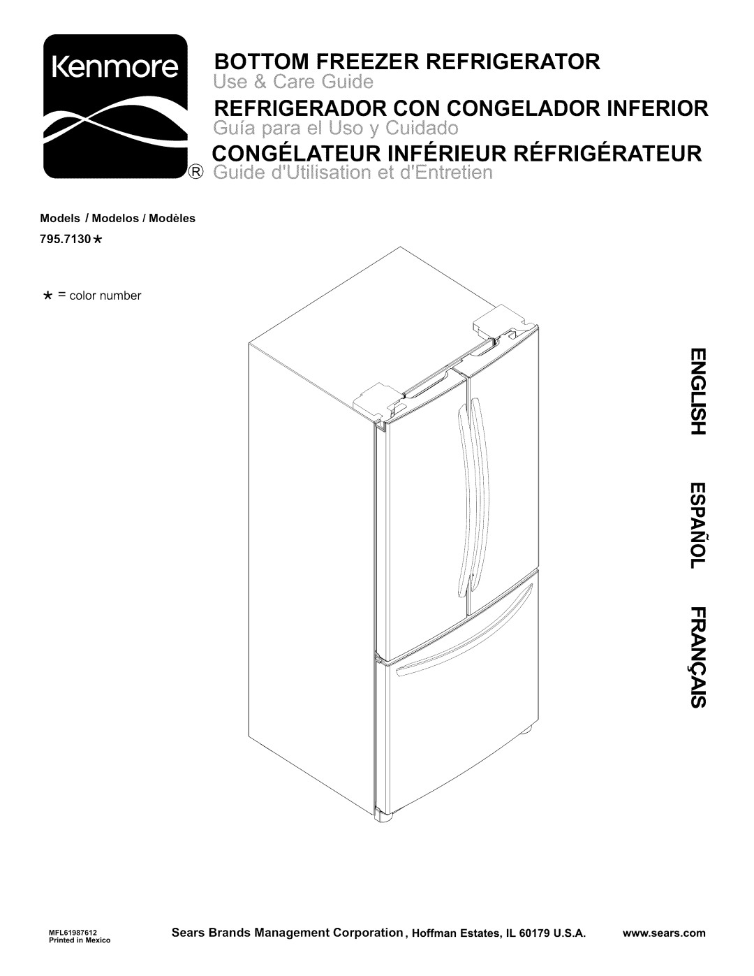 Kenmore 795.7130-K manual Bottom Freezer Refrigerator, Refrigerador Con Congelador Inferior, Ill t 