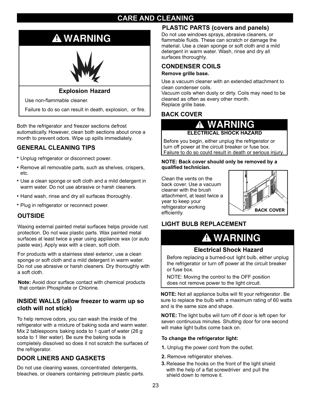 Kenmore 795.7130-K Explosion Hazard, General Cleaning Tips, Outside, INSIDE WALLS allow freezer to warm up so, Back Cover 