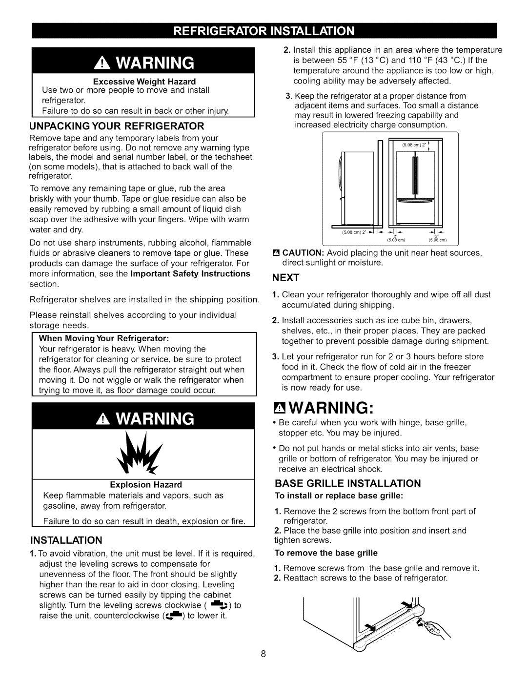 Kenmore 795.7130-K manual Ewarning, Unpacking Your Refrigerator, Next, Base Grille Installation 