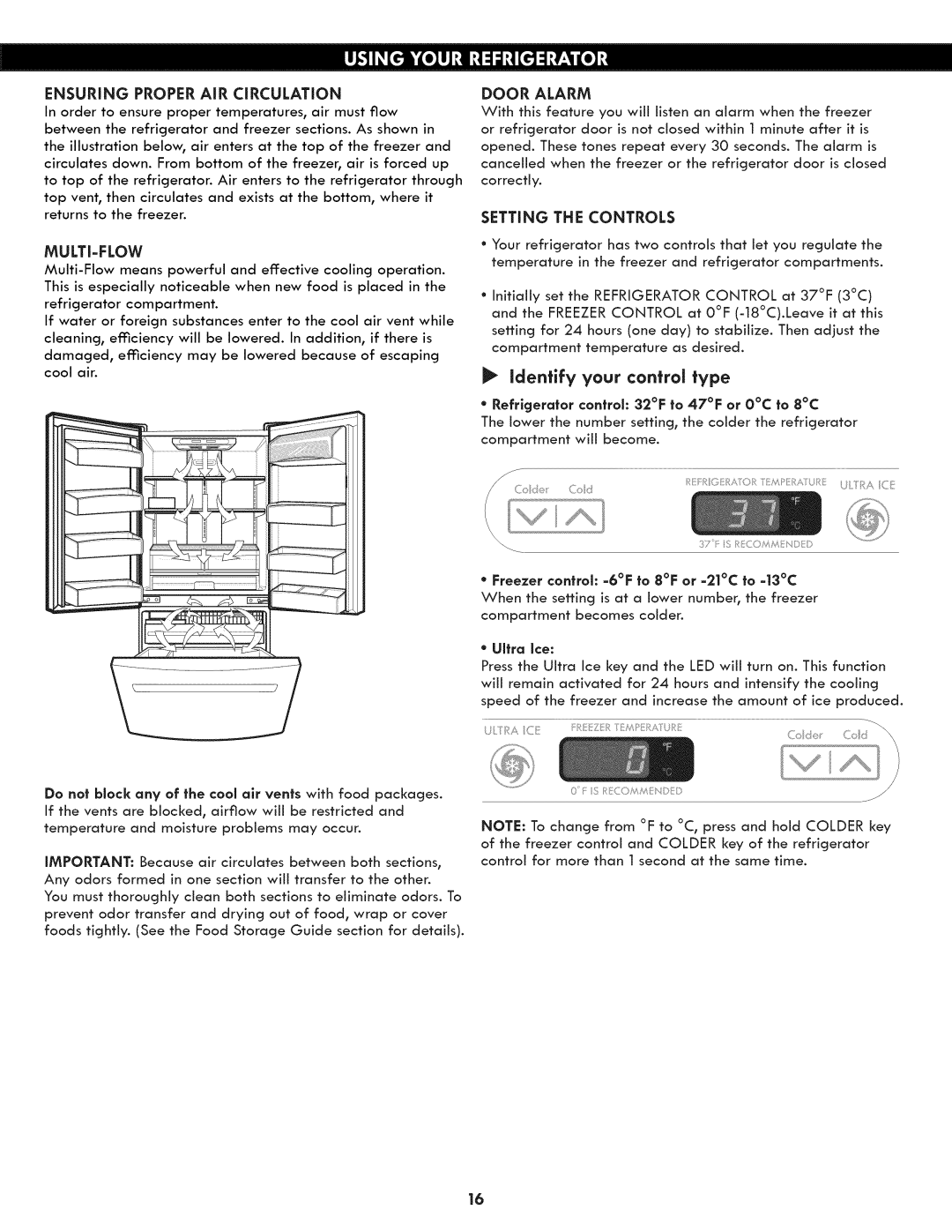 Kenmore 795.7130 manual Ensuring Proper AiR CiRCULATiON, Door Alarm, Multi-Flow, Setting the Controls, CoJ Cot 