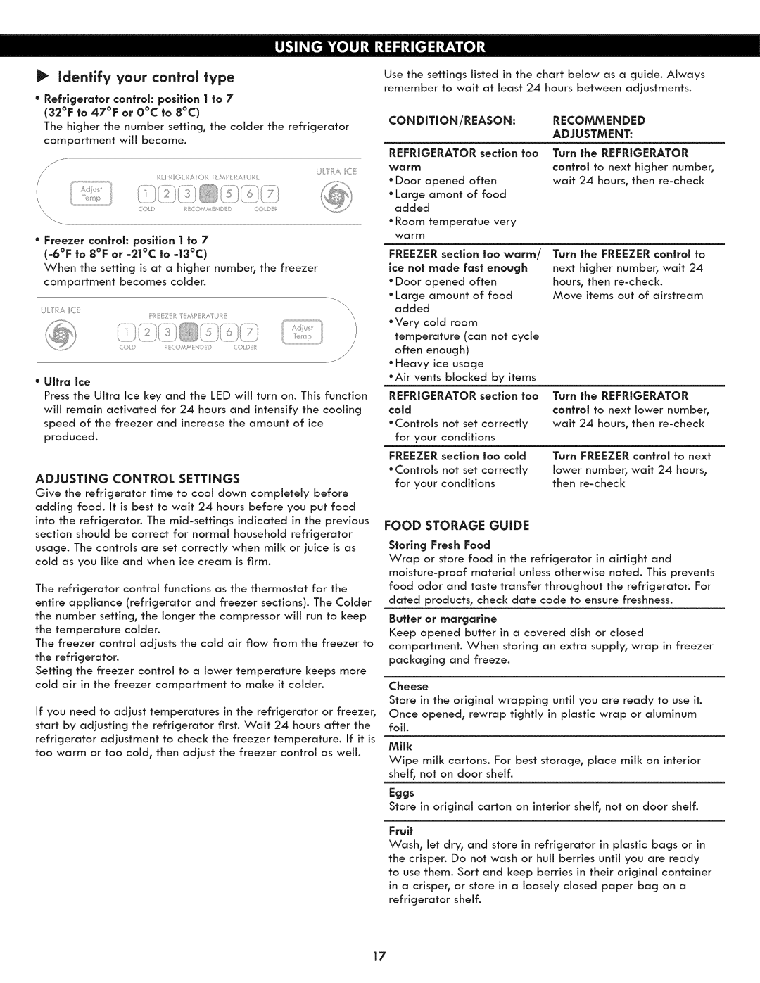 Kenmore 795.7130 manual Food Storage Guide, Adjustment, Adjusting Control Settings 